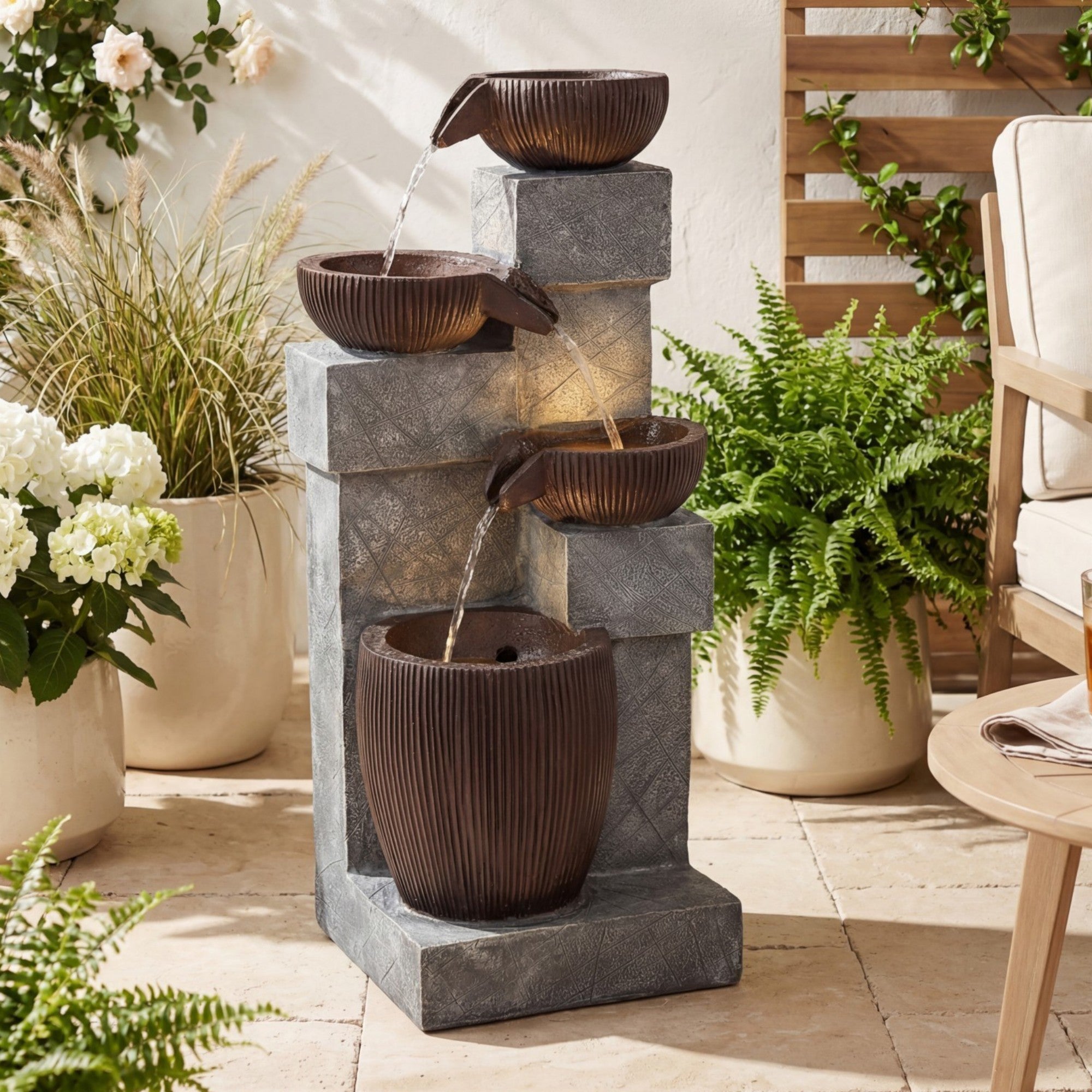 ELLEGNT 32 in Outdoor Water Fountain with LED Lights-4-Tier Cascading Fountain for Patio, Deck, Backyard, Balcony