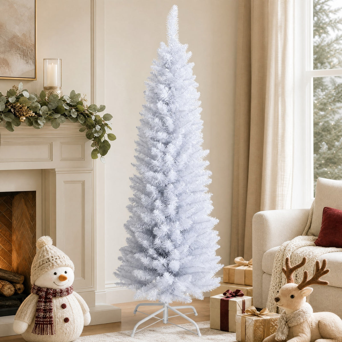 ELLEGNT 6 FT White Artificial Christmas Tree Slim Pencil Unlit Metal Stand 340 Tips