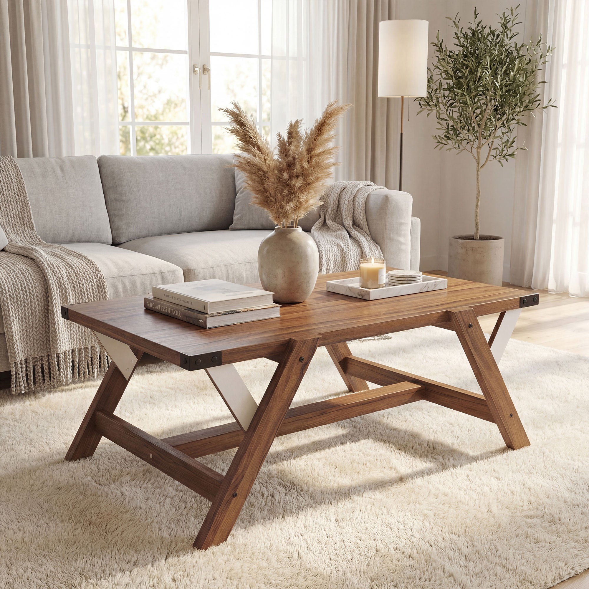 ELLEGNT Giantex 35.5 in Wood Cocktail Table-Farmhouse Center Table with Nailhead Accents, Walnut