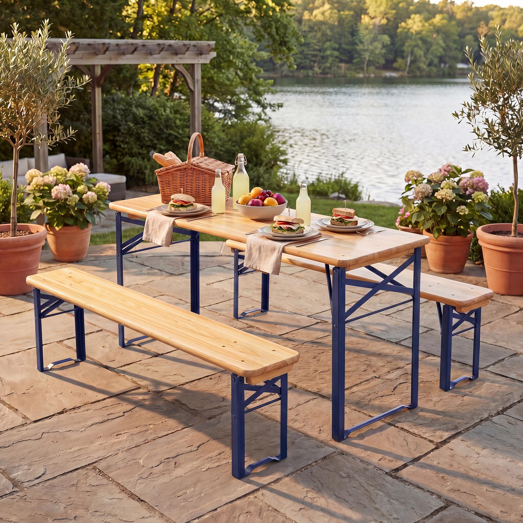 ELLEGNT 43.5 in Folding Picnic Table and Bench Set for Kids-0.8 in Thick Fir Wood Top, Navy Blue + Natural