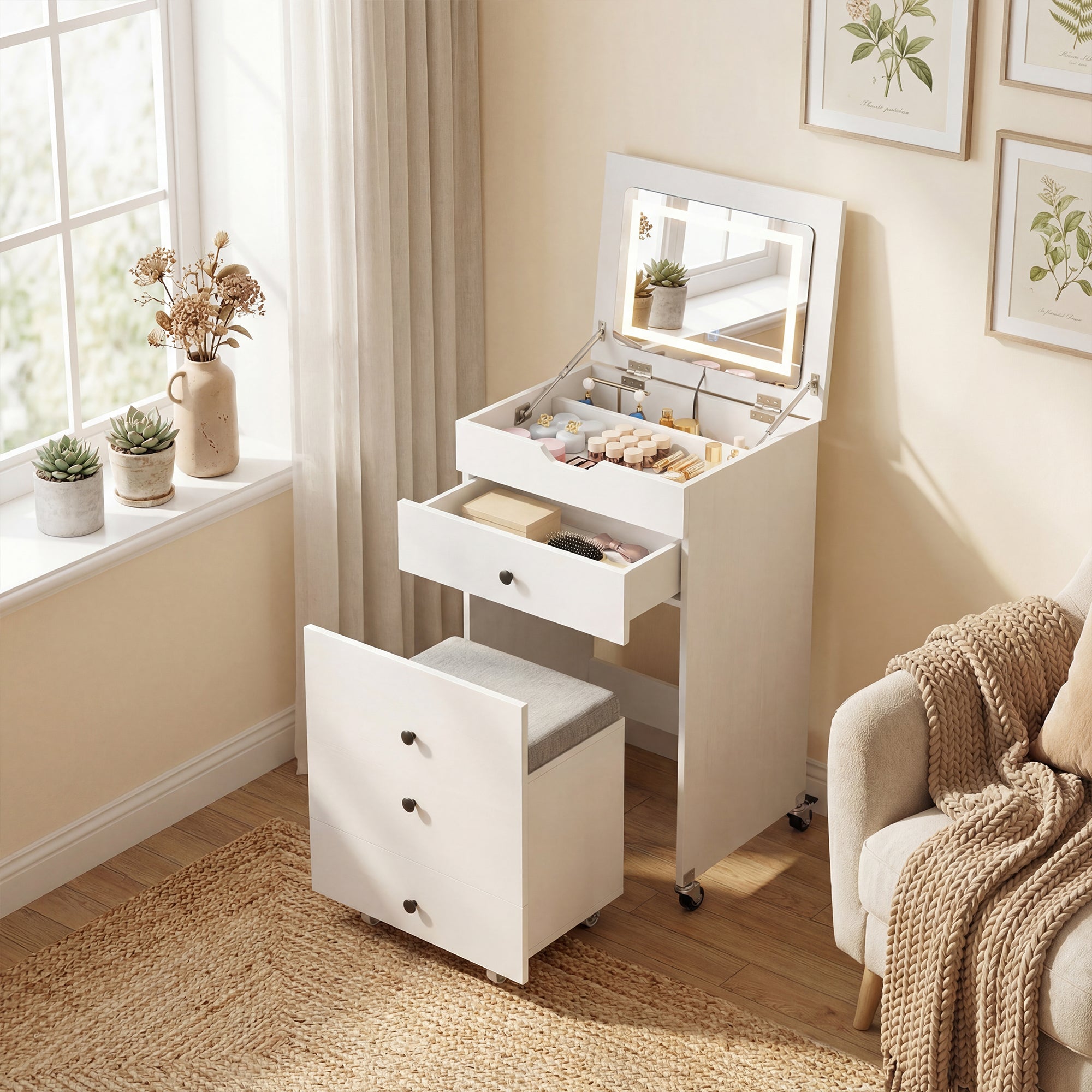 ELLEGNT 3-in-1 Vanity Desk Set-Flip-Top Mirror with Lights, Drawers, and Storage Stool for Bedroom or Dorm White