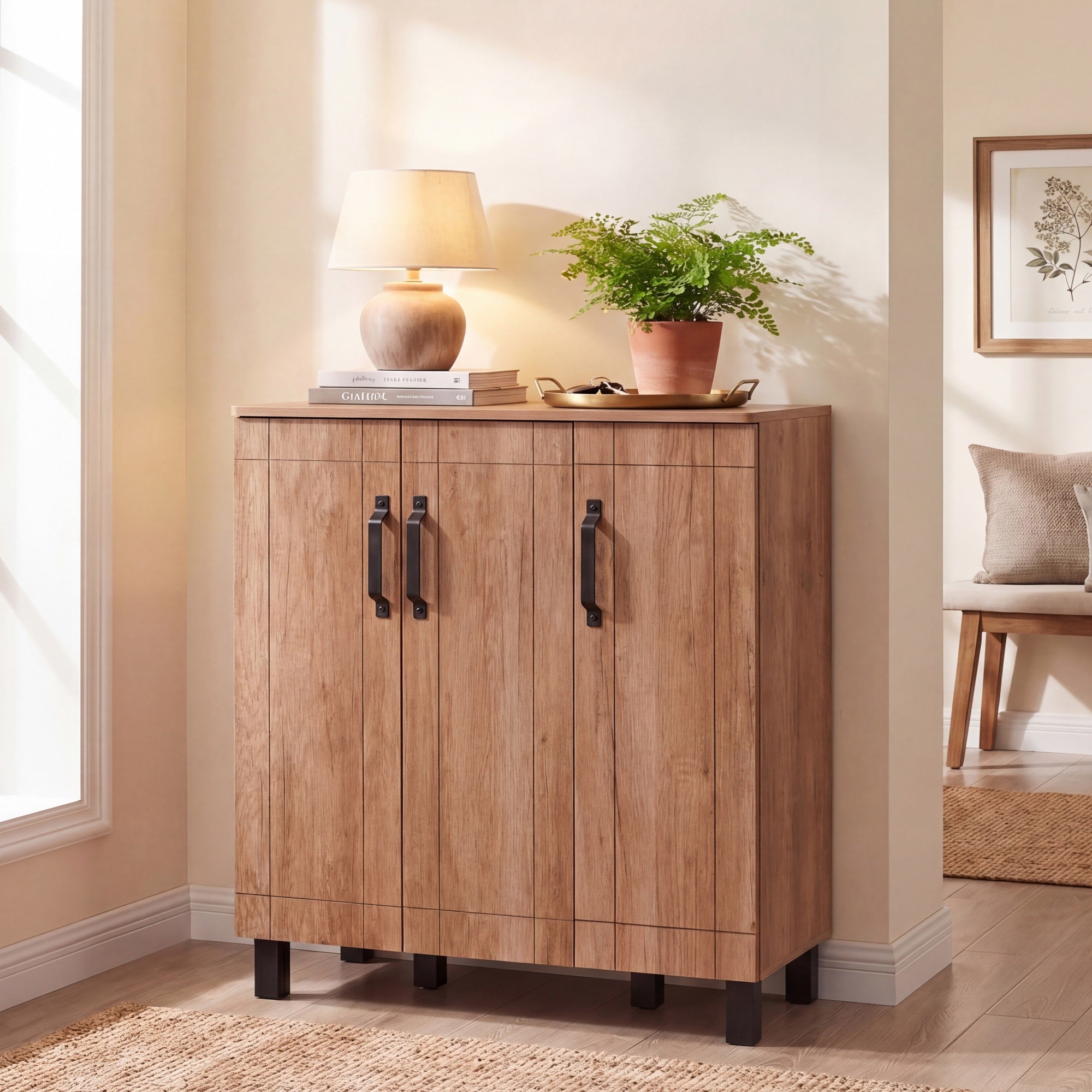 ELLEGNT 5-Tier Shoe Cabinet-3 Doors, Removable Shelves and Ventilation Hole for Fresh Storage Mocha Oak