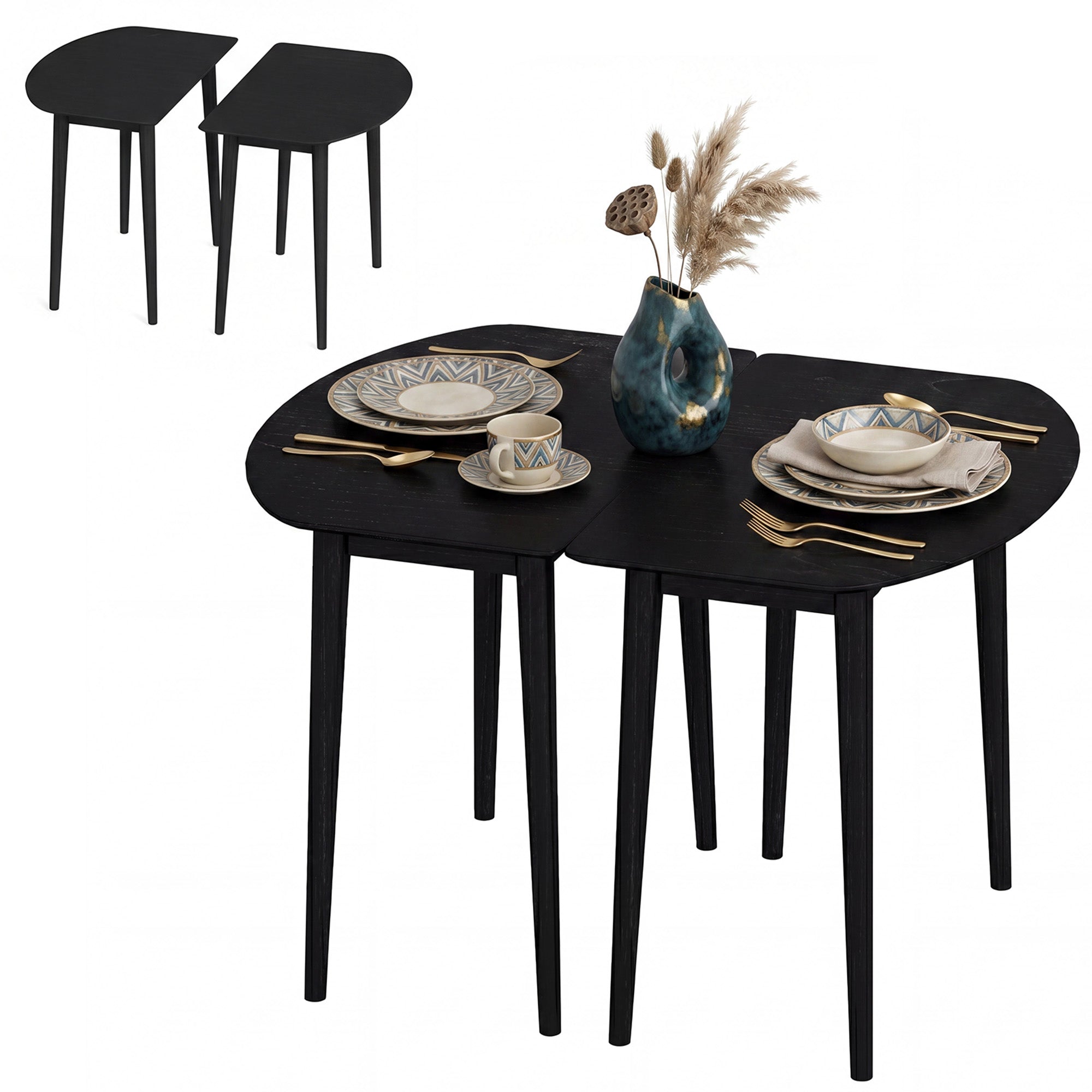 ELLEGNT Seats 4?6 Extendable Oval Dining Set with 2 Half?Round Tables for Flexible Arrangement, Black