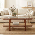 ELLEGNT Rustic Coffee Table with Glass Top and PE Rattan Storage Shelf-2-Tier Farmhouse Table Brown