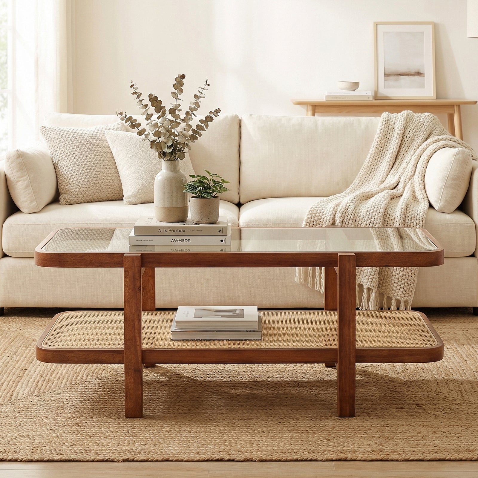 ELLEGNT Rustic Coffee Table with Glass Top and PE Rattan Storage Shelf-2-Tier Farmhouse Table Brown