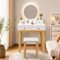 ELLEGNT Modern Makeup Vanity Desk Set with 3-Color Lighted Mirror, Stool, 4 Drawers, White + Gold