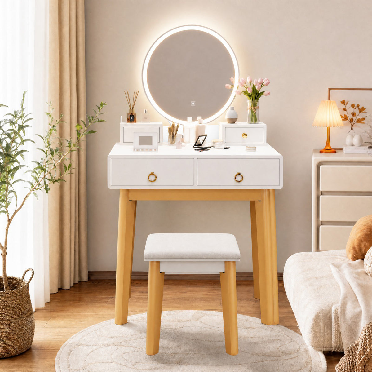 ELLEGNT Modern Makeup Vanity Desk Set with 3-Color Lighted Mirror, Stool, 4 Drawers, White + Gold