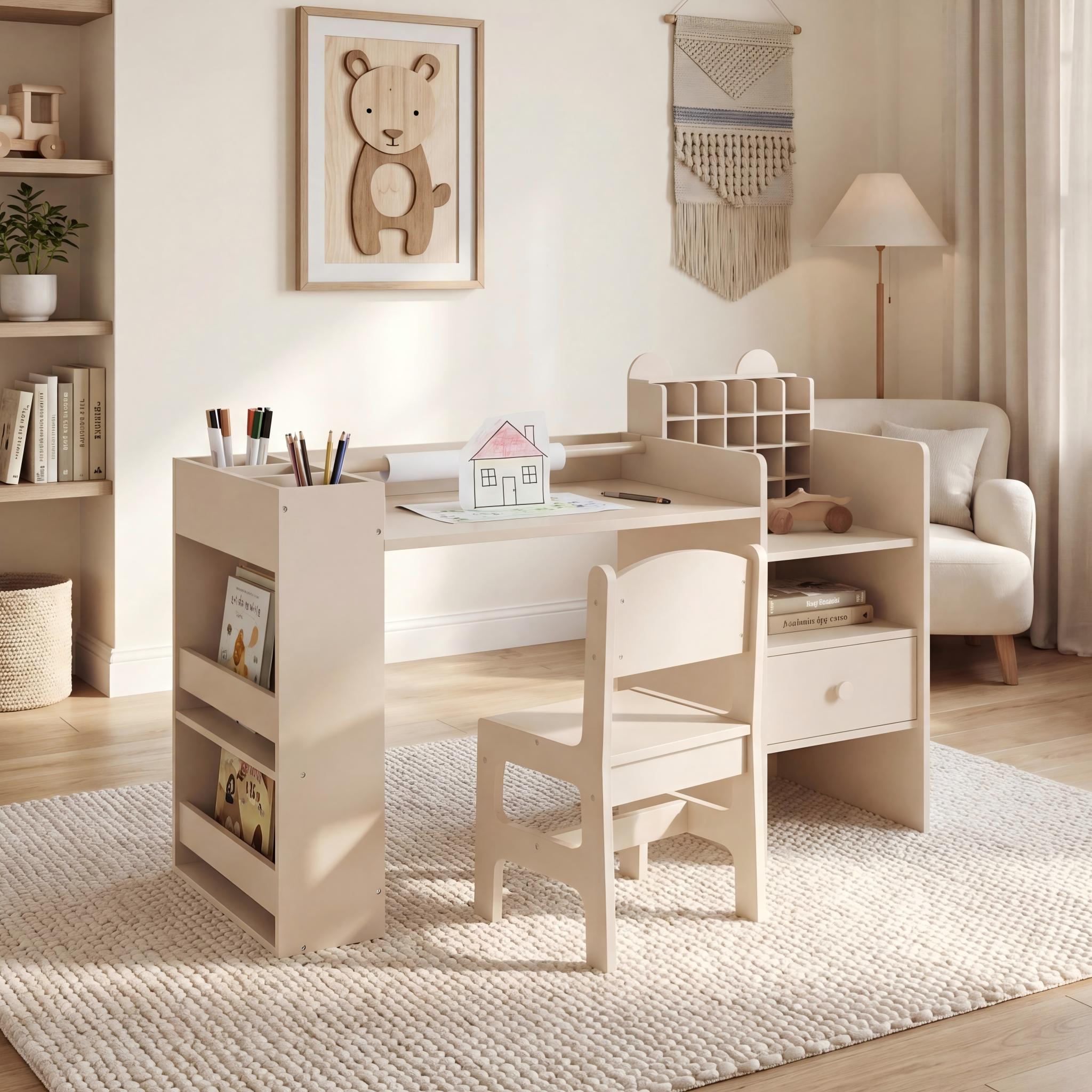 ELLEGNT Kids Art Table and Chair Set-Cubby Cabinet, Drawer, Detachable Paper Roll Holder, Natural