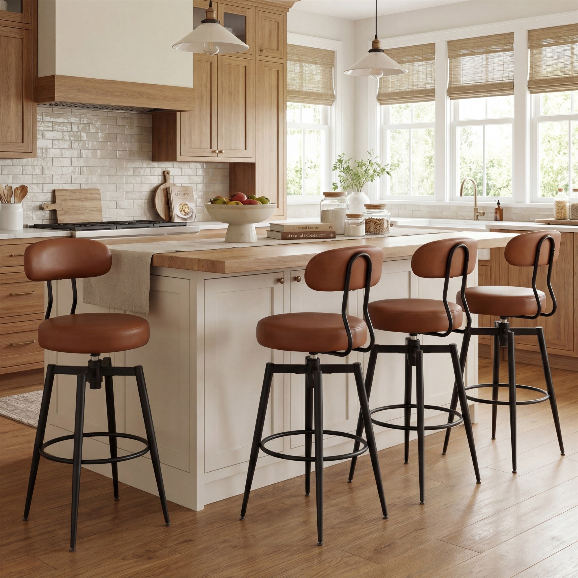 ELLEGNT 4 PCS Bar Height Swivel Stools-Faux Leather Upholstered Seat and Back, Black + Brown