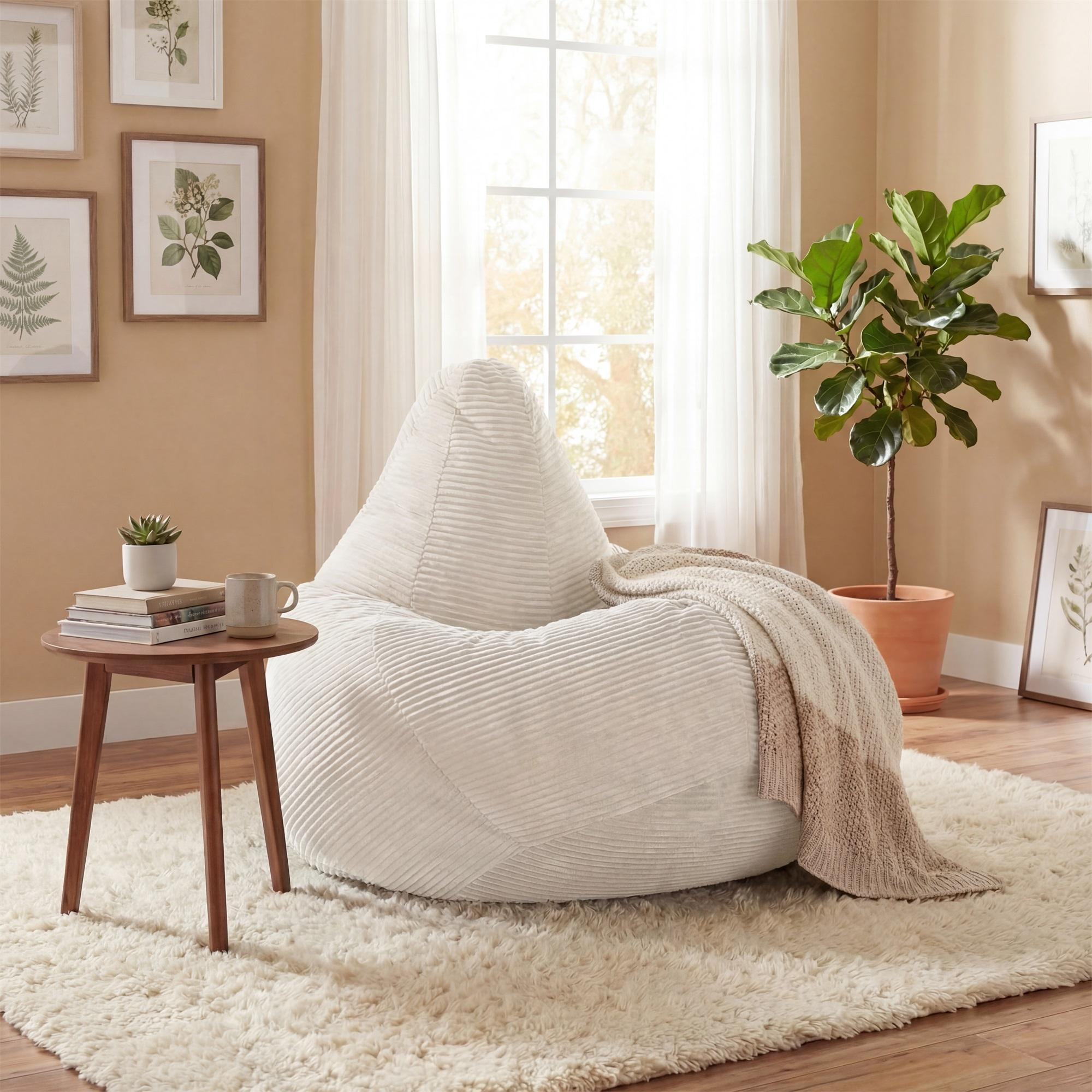 ELLEGNT Adult Bean Bag Chair-Soft Corduroy Cover and Sponge Filling for Living Room, Bedroom, or Dorm Beige