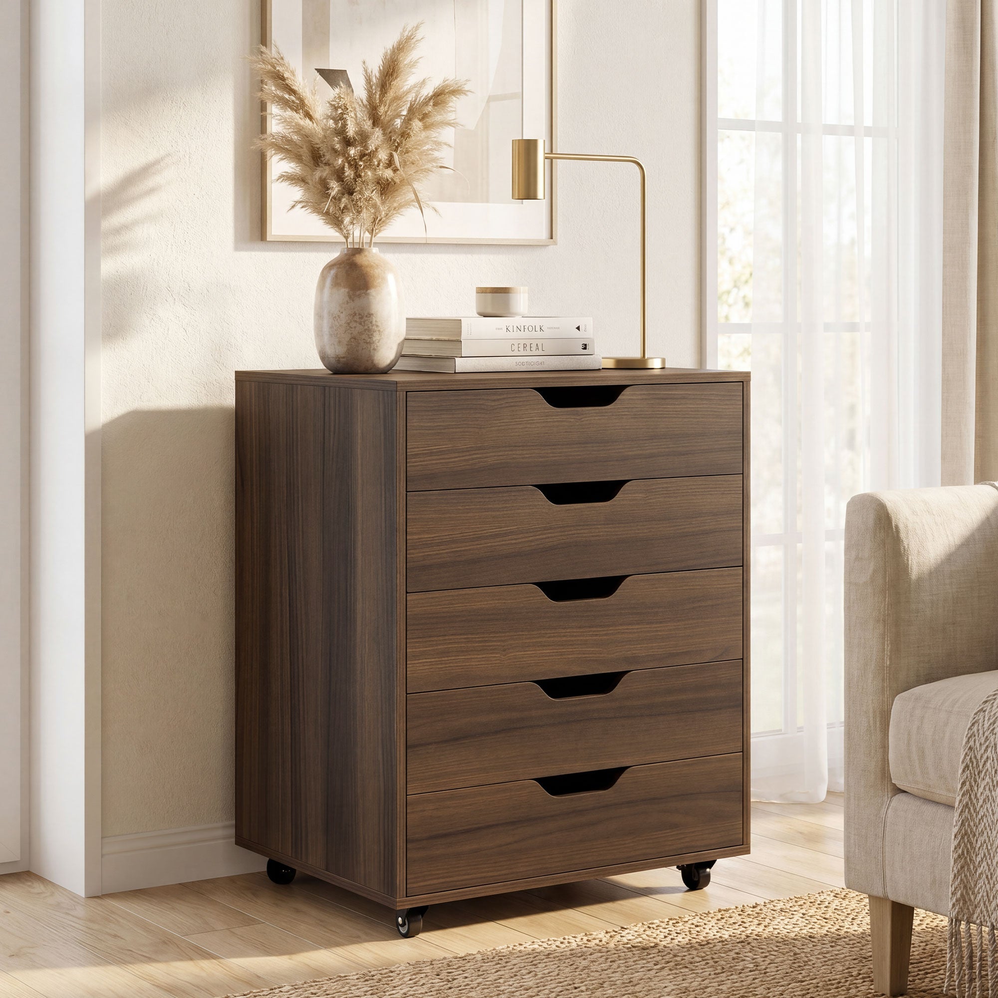 ELLEGNT Floor Cabinet Organizer-5 Drawer Chest on Wheels, Rolling Storage Dresser, Brown