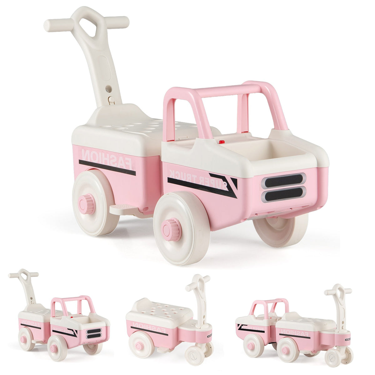 ELLEGNT Kids 4-in-1 Ride-On Push Car with Trailer, Toddler Foot-to-Floor Sliding Toy, Music, Under-Seat Storage, Steering Wheel, Sit and Scoot for Boys and Girls, Pink
