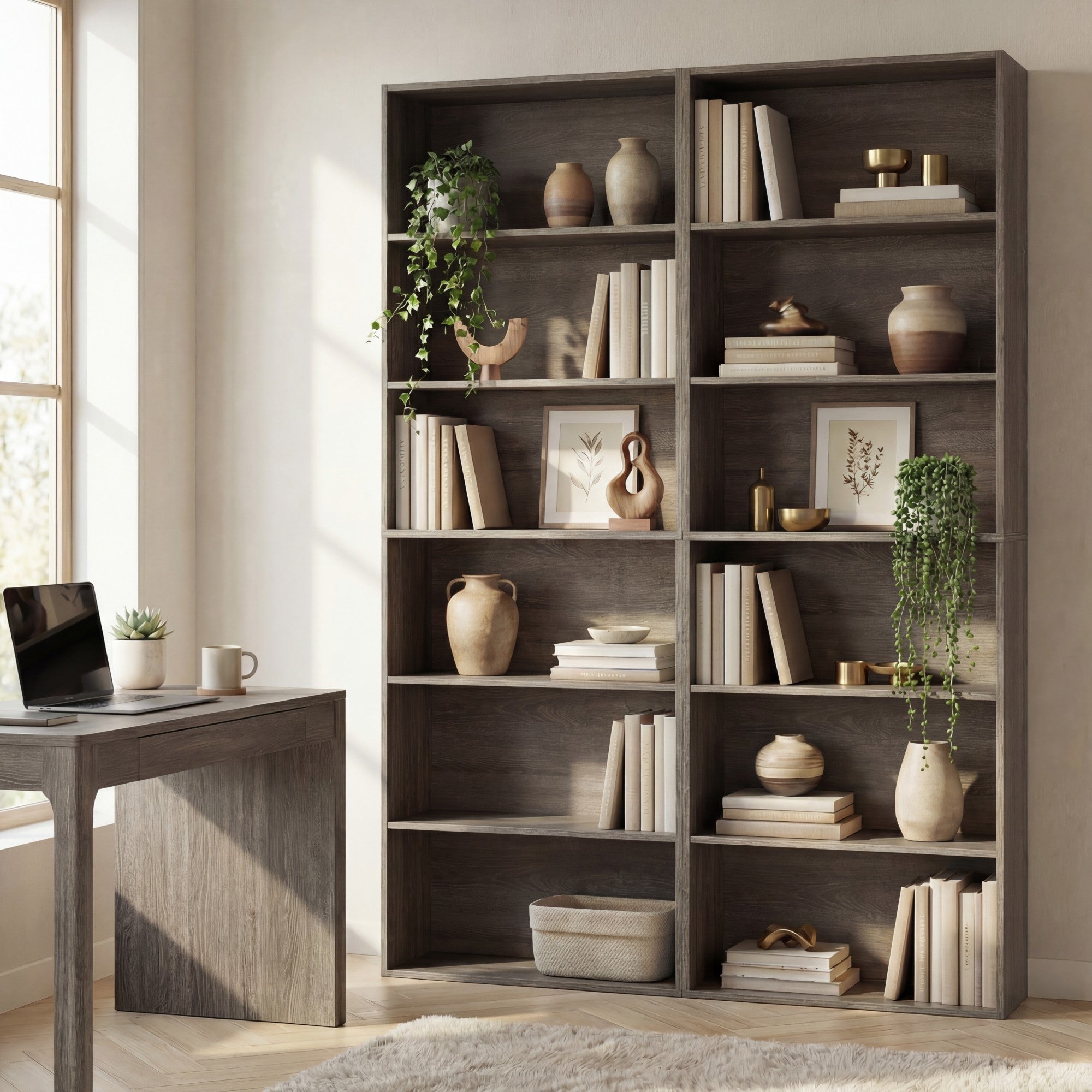ELLEGNT 2 PCS 6-Tier Open Shelves Bookshelf with Anti-Tipping Kits- Storage Rack for Living Room, Bedroom, Study, Gray