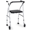 ELLEGNT Lightweight Aluminum Folding Walker for Seniors with 2 Wheels, 5-Level Height Adjustment & Padded Seat, Portable Stand Up Mobility Walking Aid for Disabled Individuals & Adults, Silver