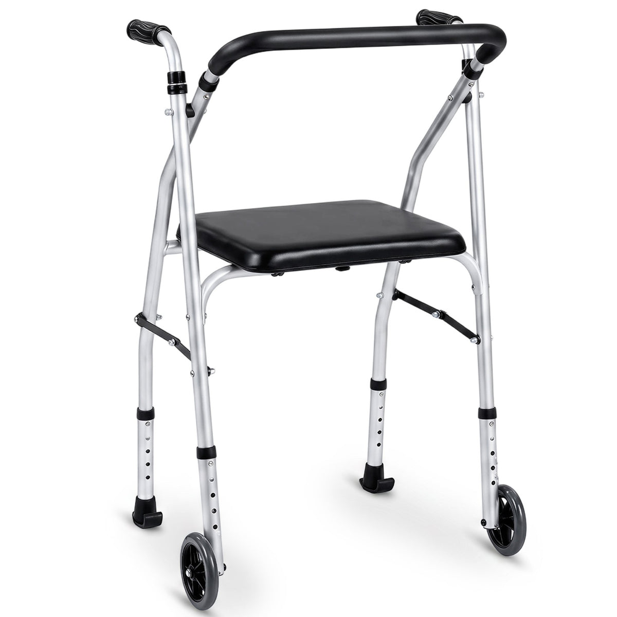 ELLEGNT Lightweight Aluminum Folding Walker for Seniors with 2 Wheels, 5-Level Height Adjustment & Padded Seat, Portable Stand Up Mobility Walking Aid for Disabled Individuals & Adults, Silver