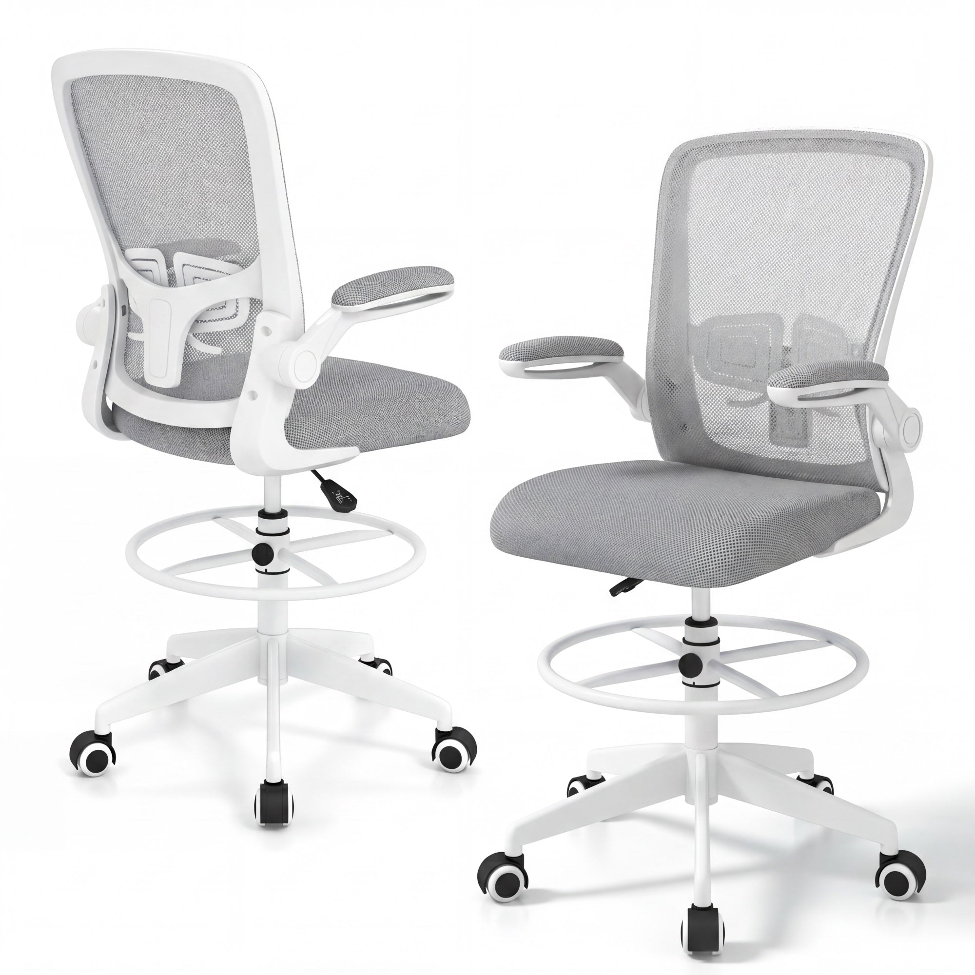 ELLEGNT 2 PCS Home Office Drafting Chair with Adjustable Footrest and Flip-Up Armrests , Ergonomic Stool for Study or Desk Work Gray