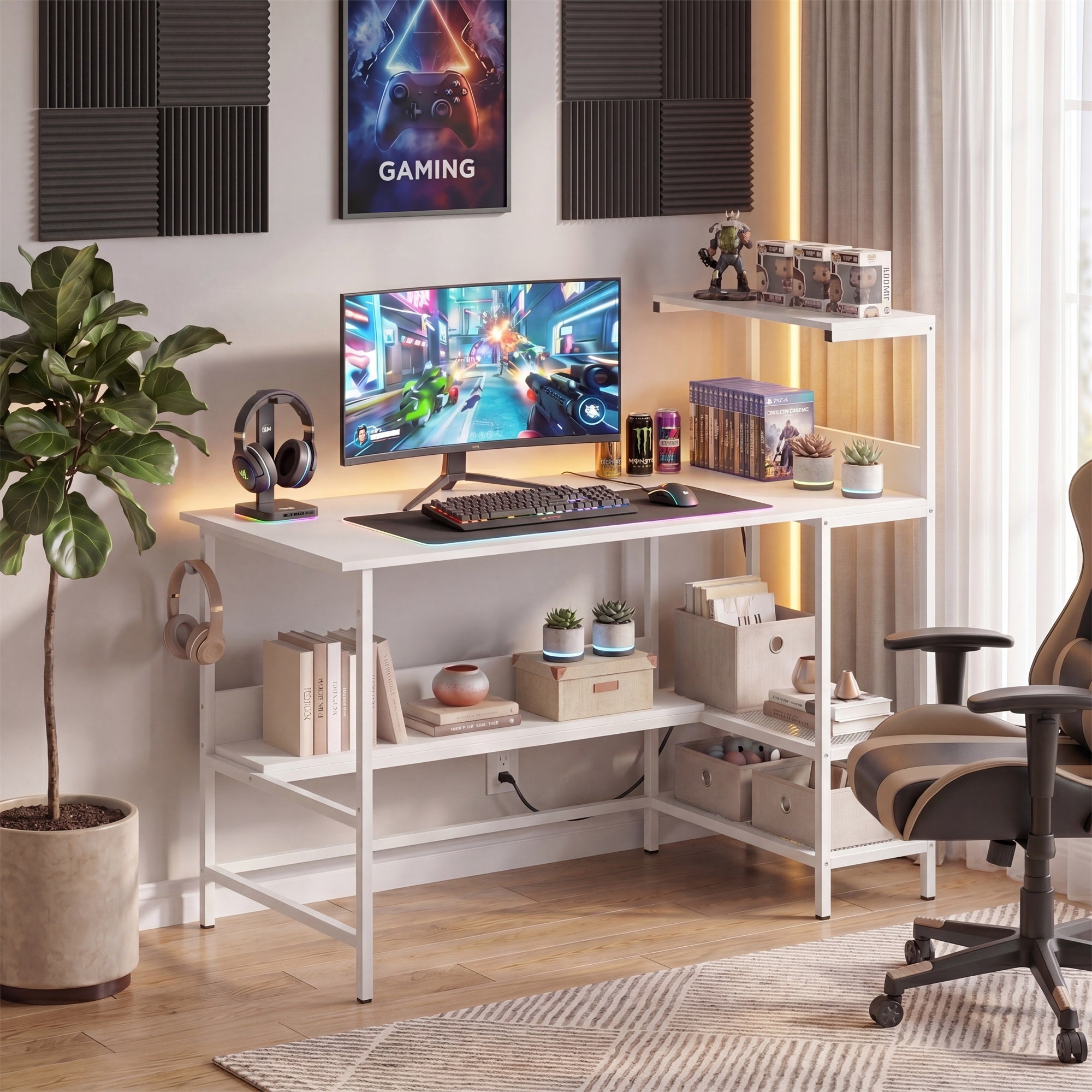 ELLEGNT Gaming Computer Desk with Headphone Hook and Power Outlets-48 in, Storage Shelves Included, White