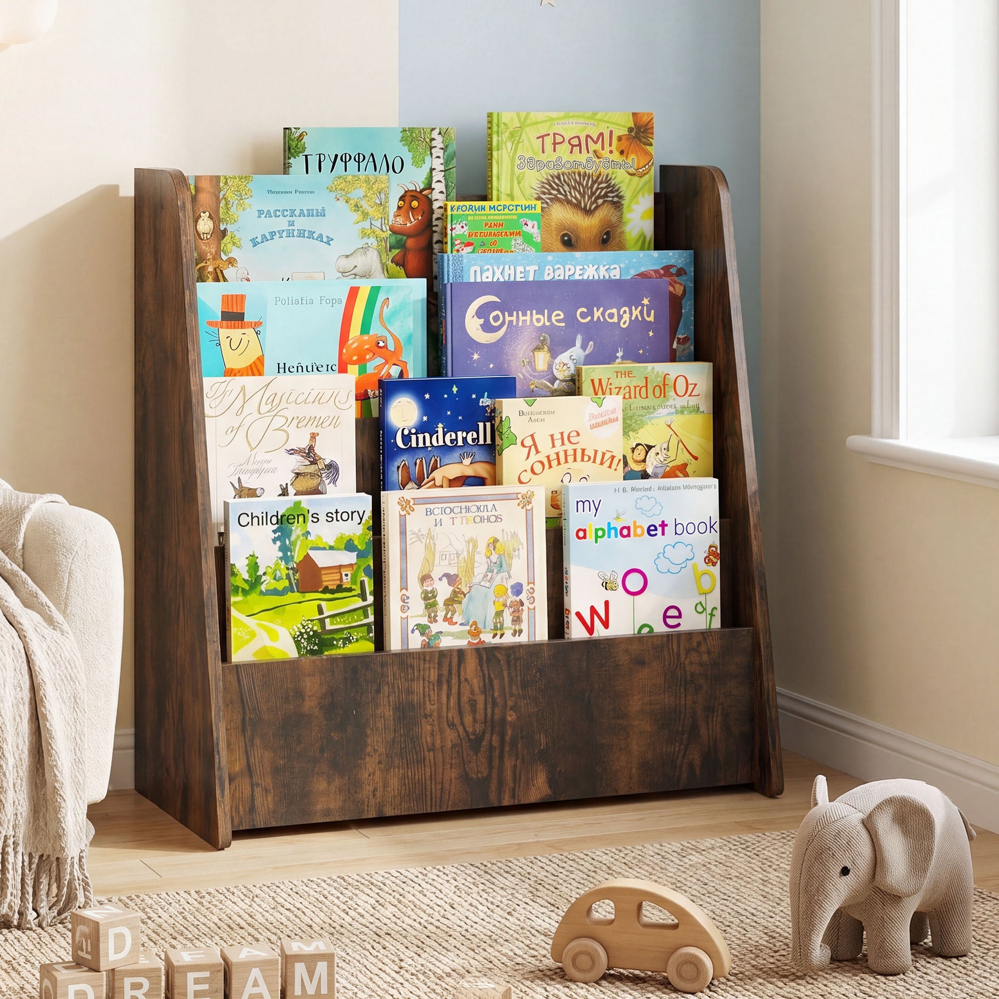 ELLEGNT Toddler Book Rack - 4-Tier Kids Wooden Bookshelf with Deep Shelves, Brown