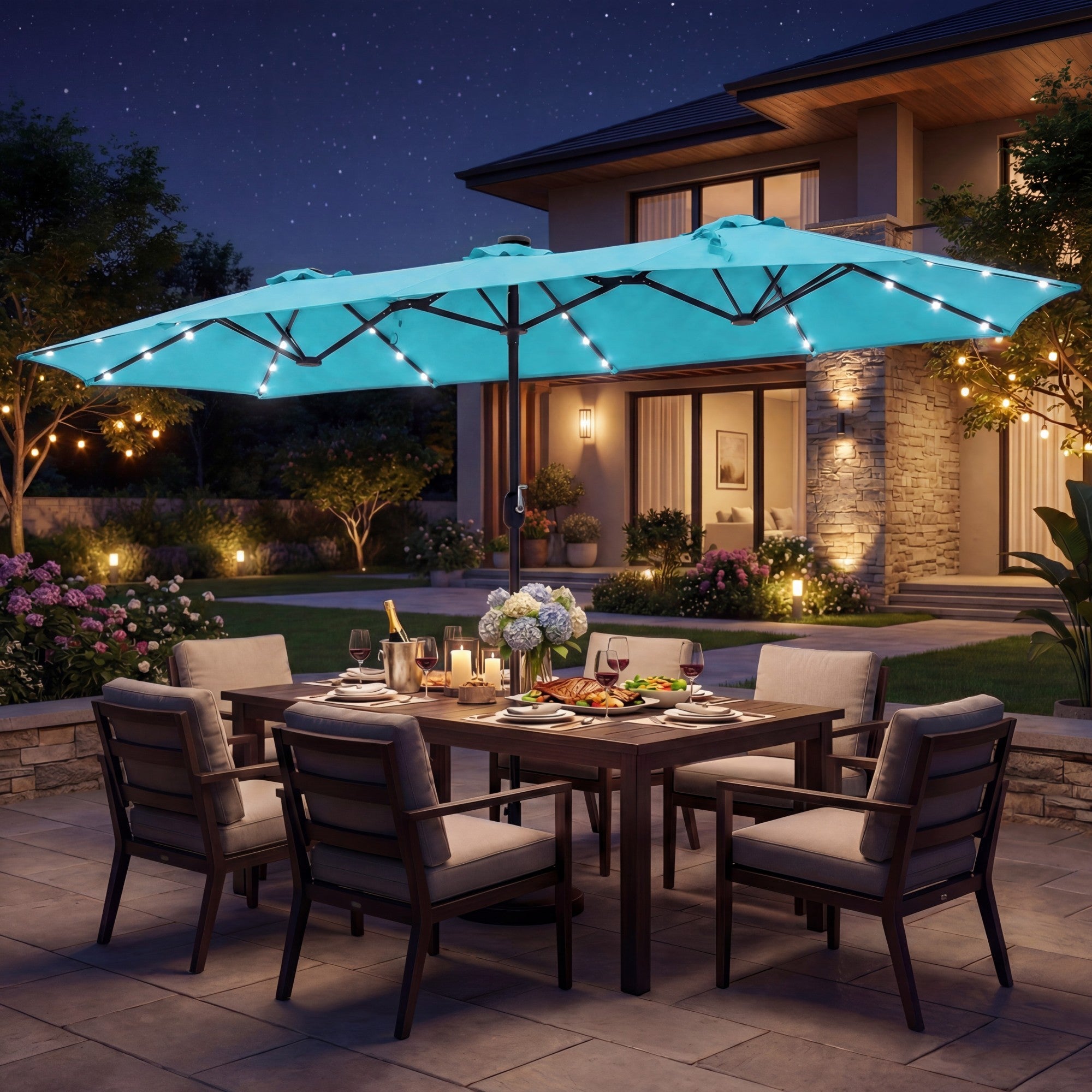 ELLEGNT 13FT Double?Sided Solar Patio Umbrella-Crank Handle and Umbrella Base Included, Turquoise
