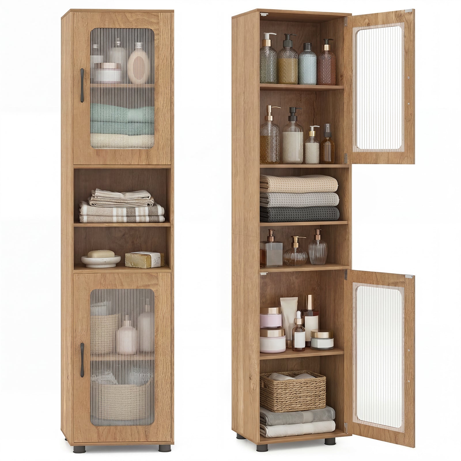 ELLEGNT 2 PCS Bathroom Cabinet-Floor Storage, 2 Fluted Doors, 4 Rubber Feet, Natural