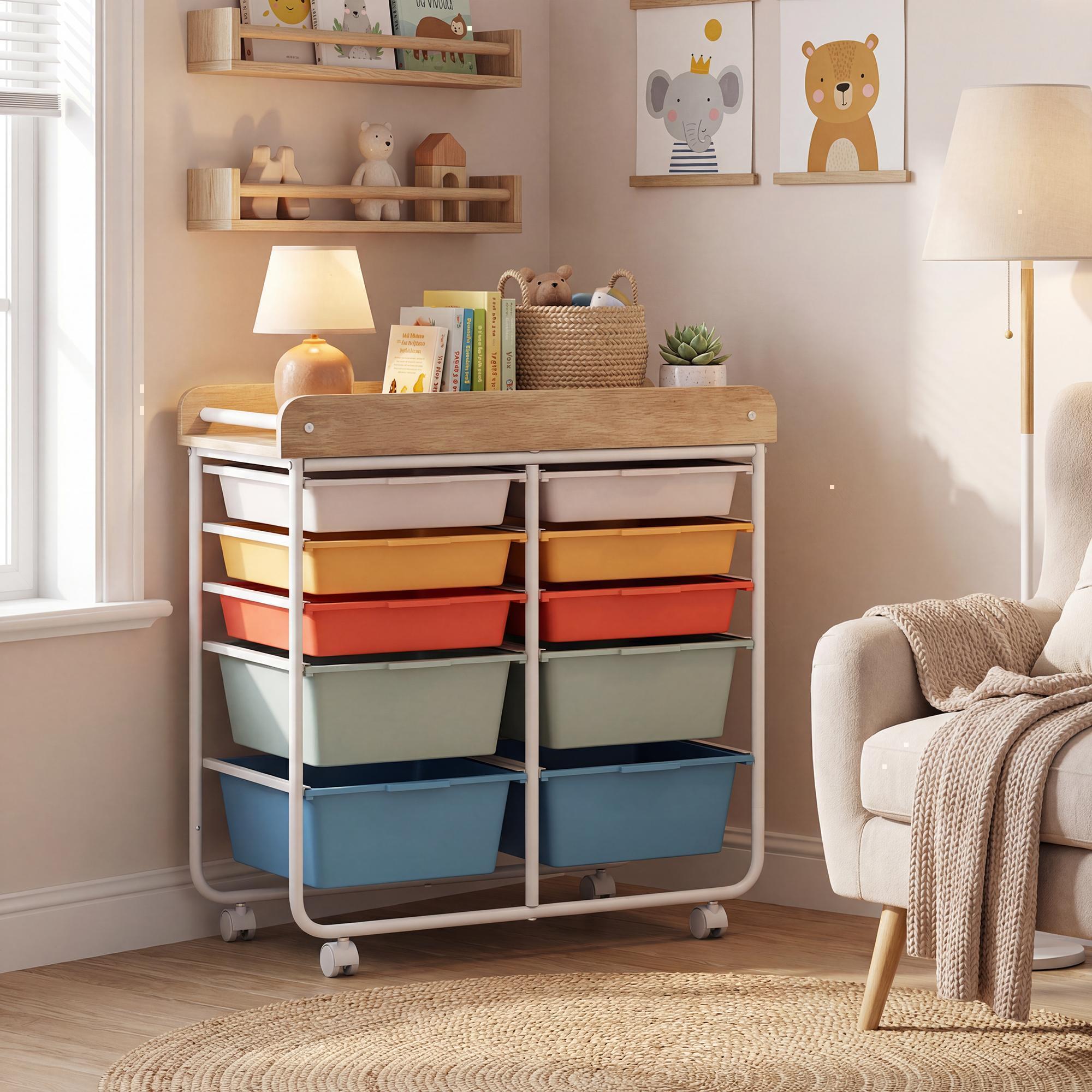 ELLEGNT Rolling 10-Drawer Art Cart-Wood Top, Lockable Wheels, Metal Frame, Natural + Macaron