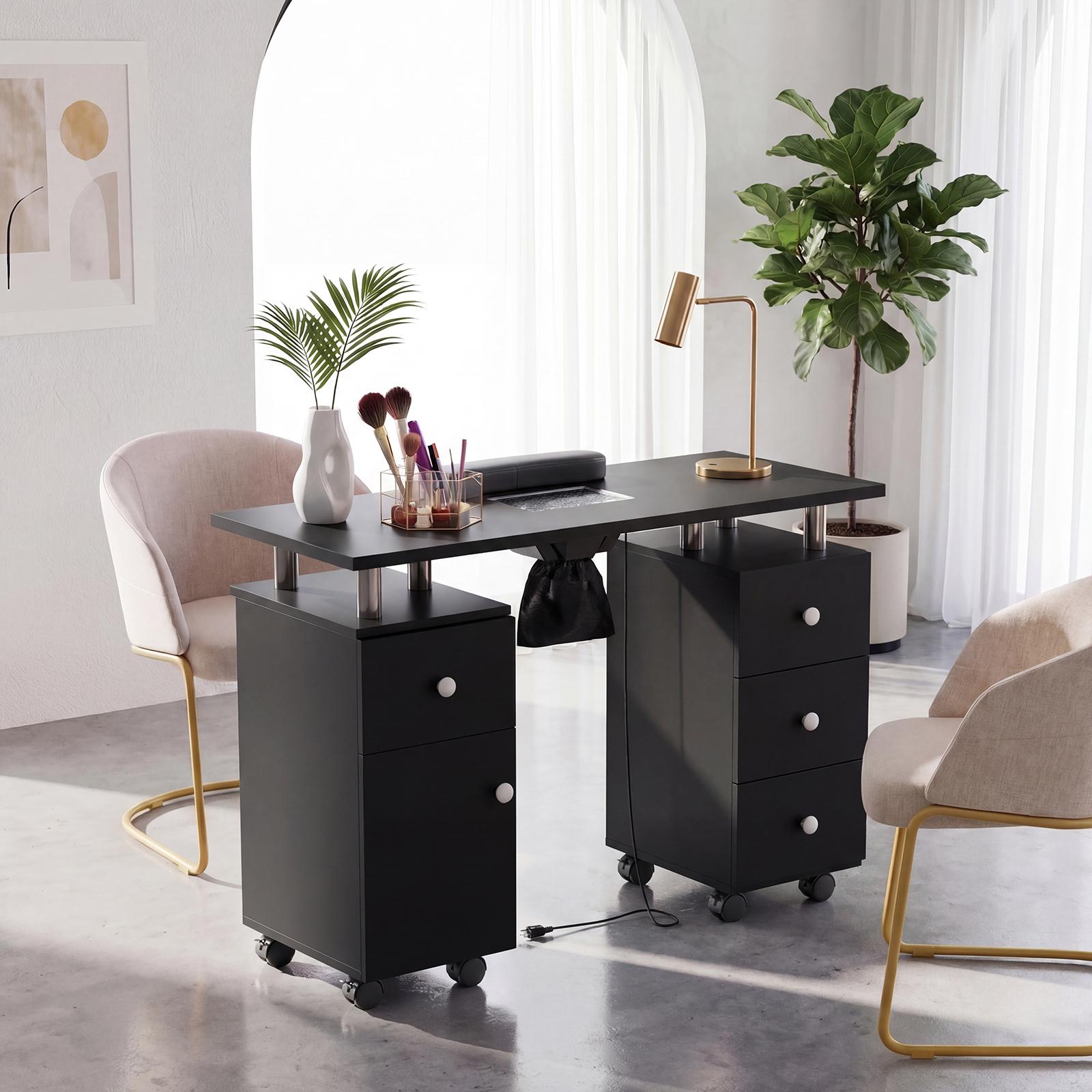 ELLEGNT Electric Dust Collector Manicure Table with 8 Lockable Wheels-Rolling Nail Desk with 3 Dust Bags and Wrist Rest Black
