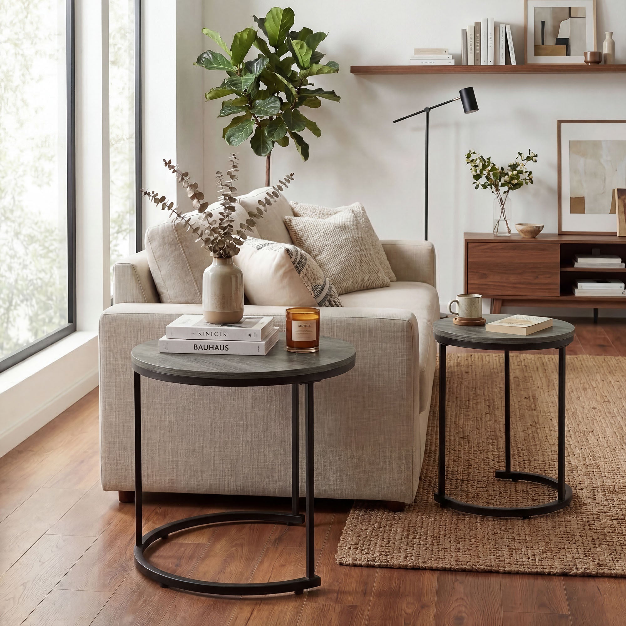 ELLEGNT Nesting Coffee Table Set of 2-Modern Round Side Tables for Living Room or Balcony Gray