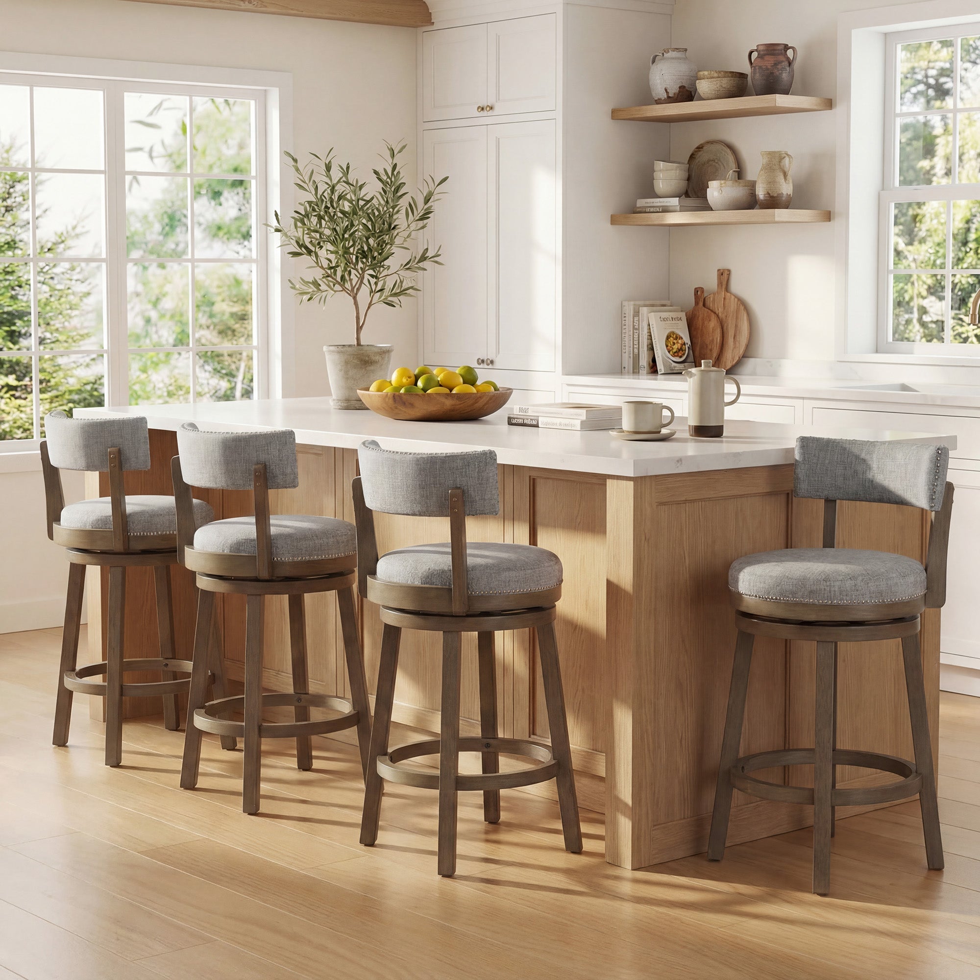 ELLEGNT 4 PCS, 27 in Upholstered Swivel Bar Stool with Back-Wooden Counter Height Kitchen Chair, Gray