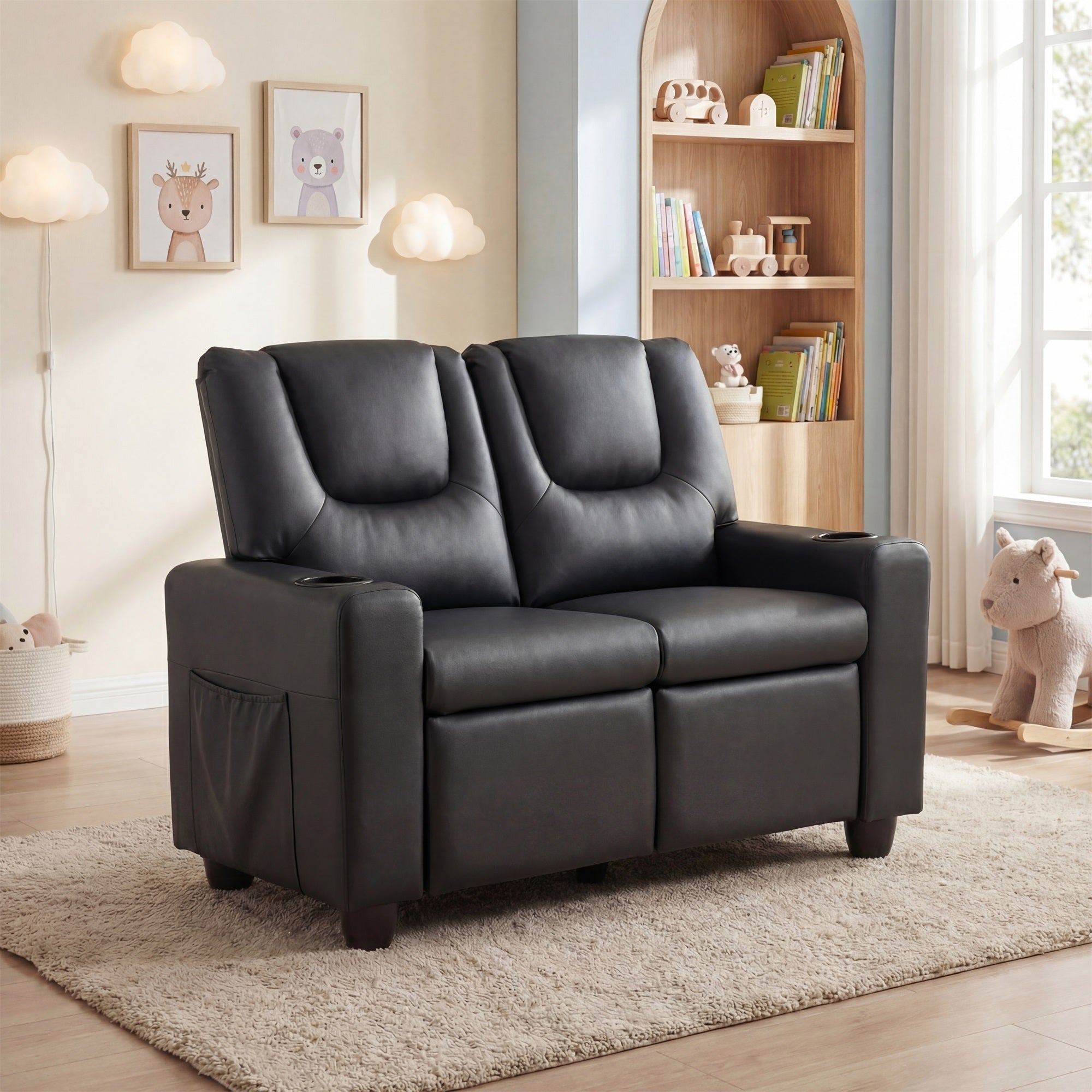 ELLEGNT 2-Seater Kids Recliner-Adjustable Back, Cup Holders and Side Pockets Black