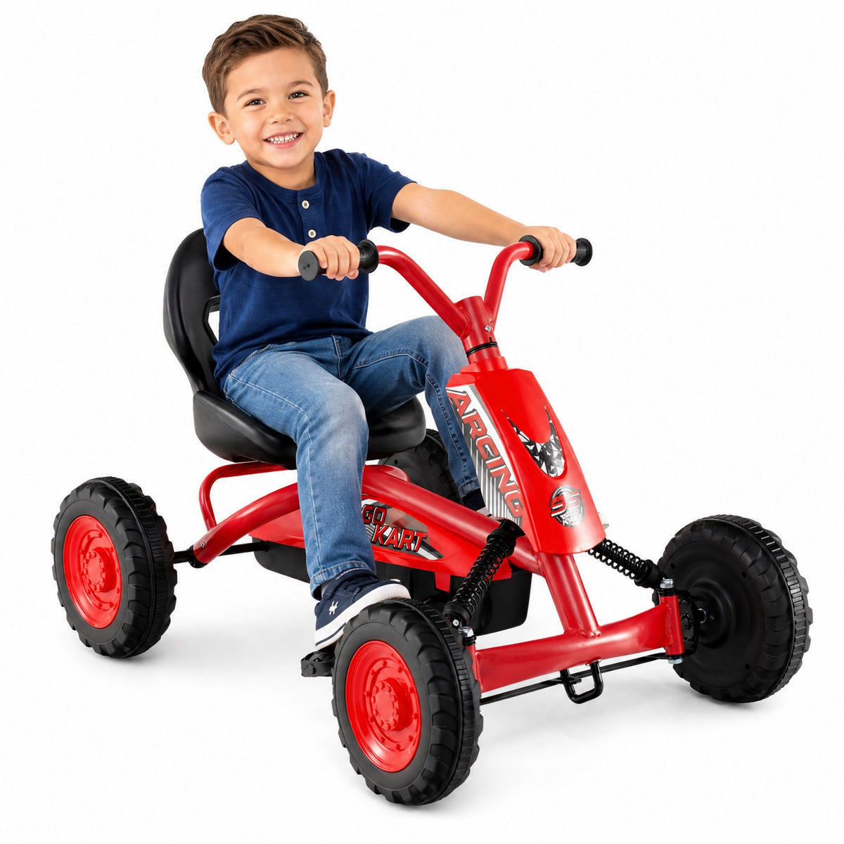 ELLEGNT Kids Pedal Go Kart, 4 Wheel Ride On Racer with Adjustable Seat and Steering, Age 3+, Red