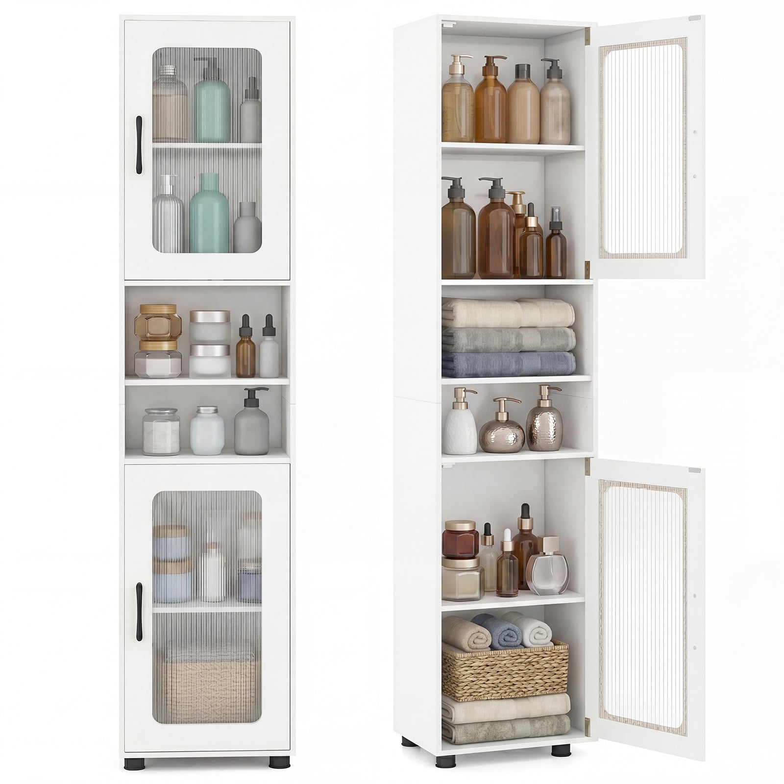 ELLEGNT 2 PCS Bathroom Cabinet-Floor Storage, 2 Fluted Doors, 4 Rubber Feet, White