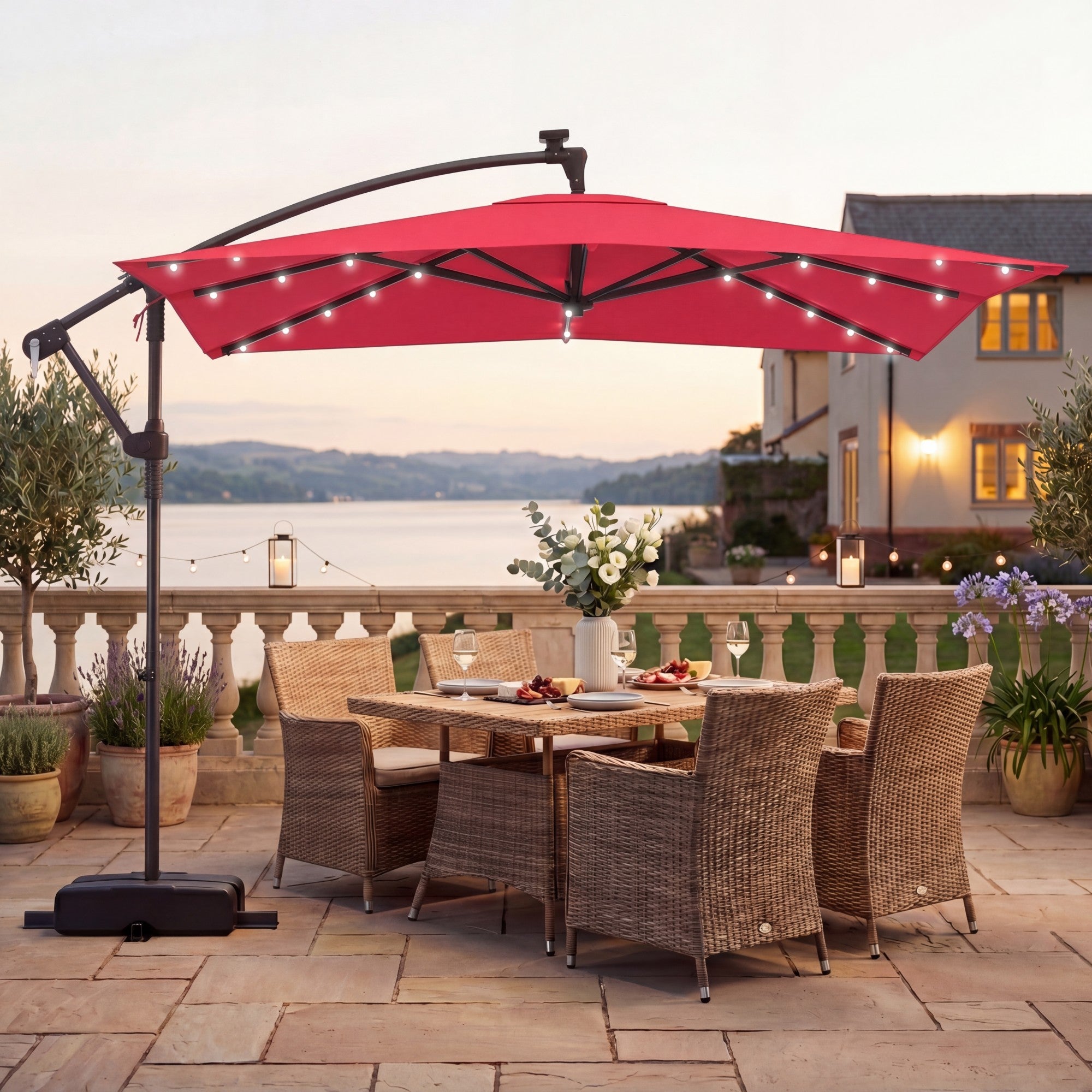 ELLEGNT 8 x 8 FT  Solar LED Cantilever Umbrella-Square Offset Hanging Patio Umbrella for Outdoor, Red