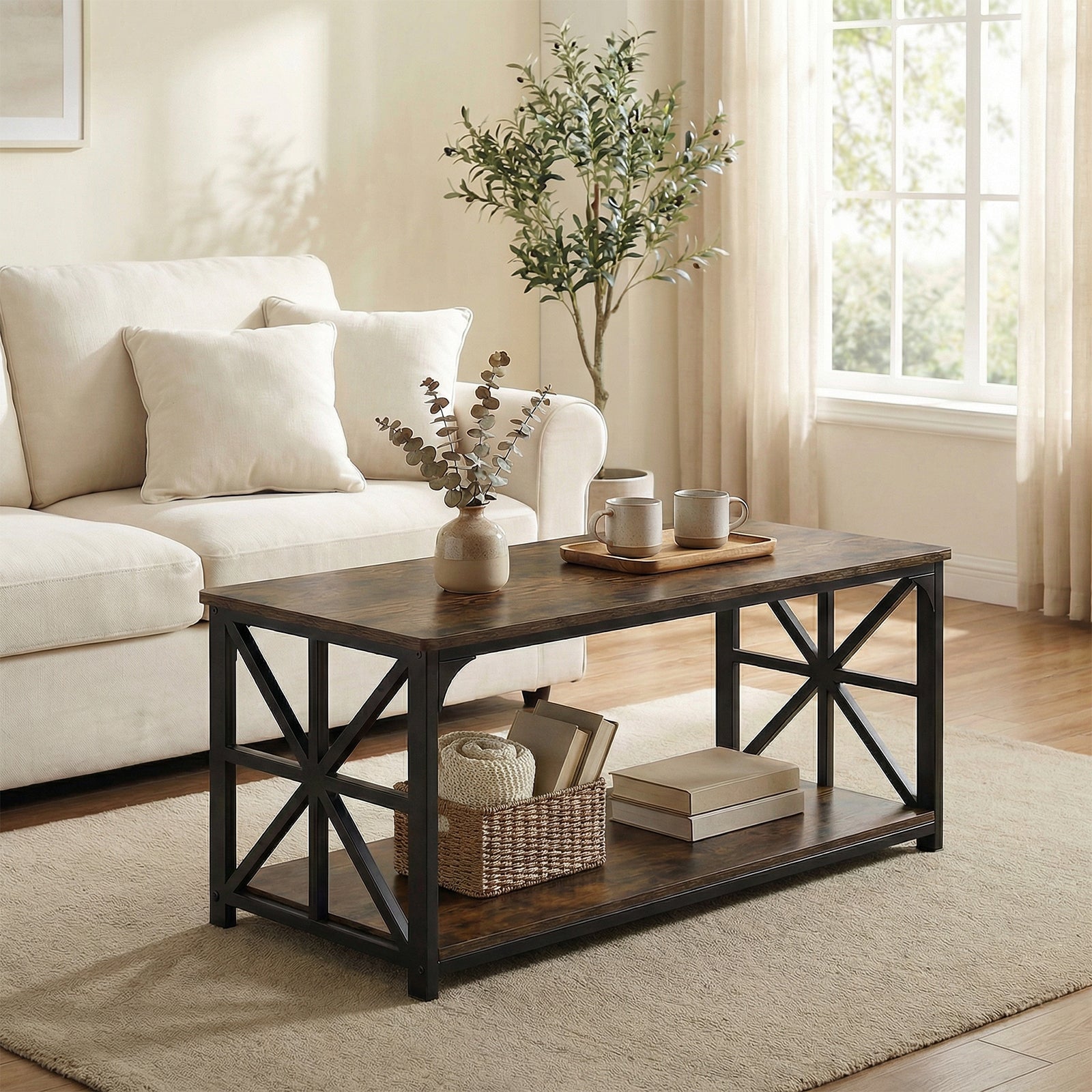 ELLEGNT 43 in Industrial 2-Tier Coffee Table-Storage Shelf, x Side Frames, Accent Cocktail Table for Small Space, Home Office, Rustic Brown + Black