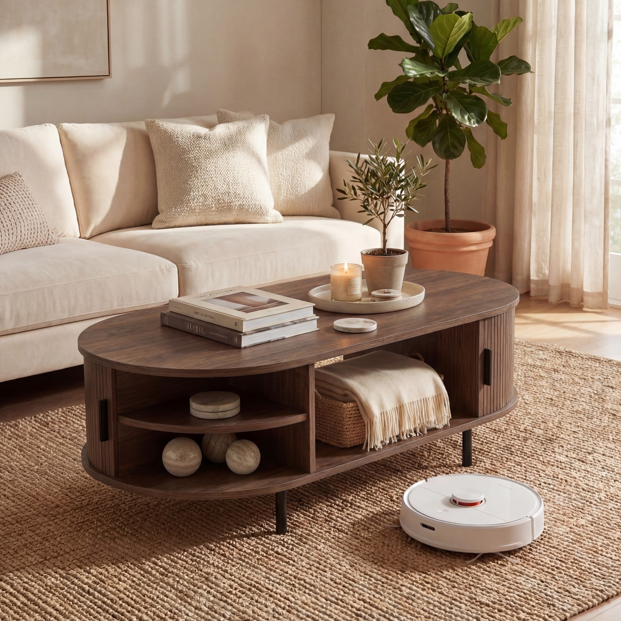 ELLEGNT 47.5 in Wooden Oval Coffee Table with Sliding Tambour Doors-Center Table with Storage,Walnut
