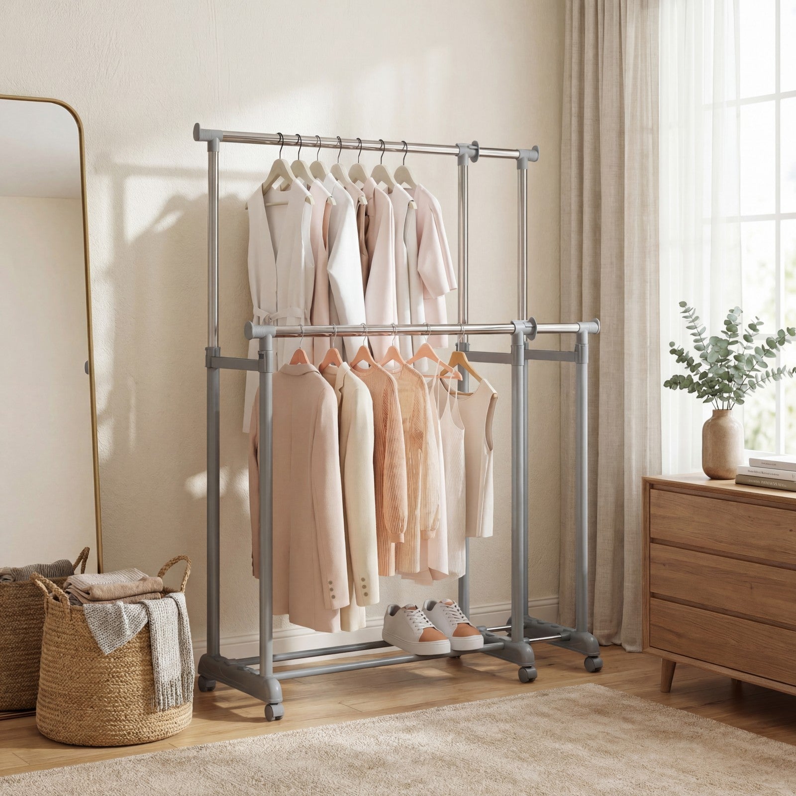 ELLEGNT Double Rod Clothes Rack with Extendable Height & Width - Ideal for Dressing Room, Laundry Area