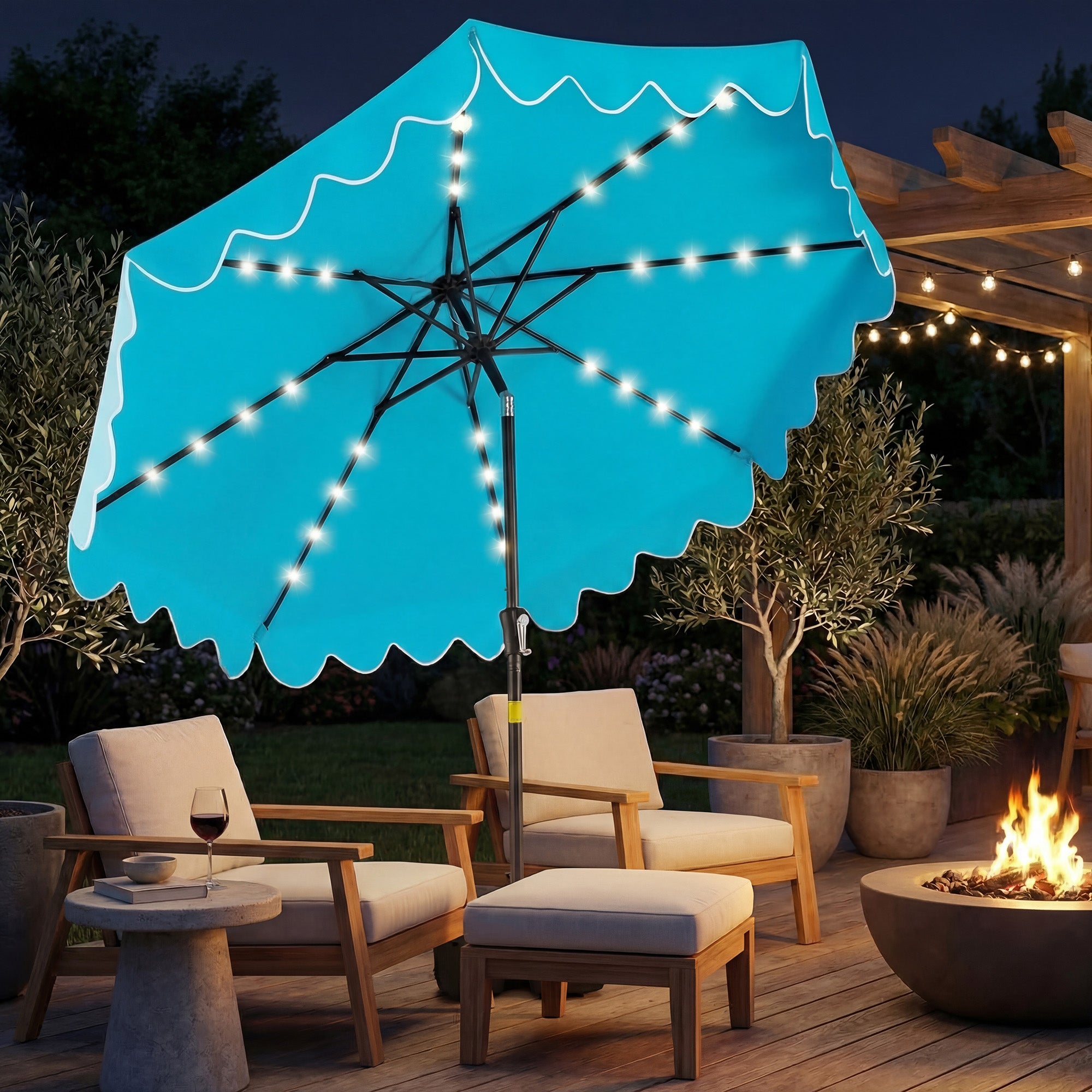 ELLEGNT 9 FT Solar LED Patio Umbrella with Weighted Base and Sandbags-Outdoor Umbrella for Garden or Deck Turquoise