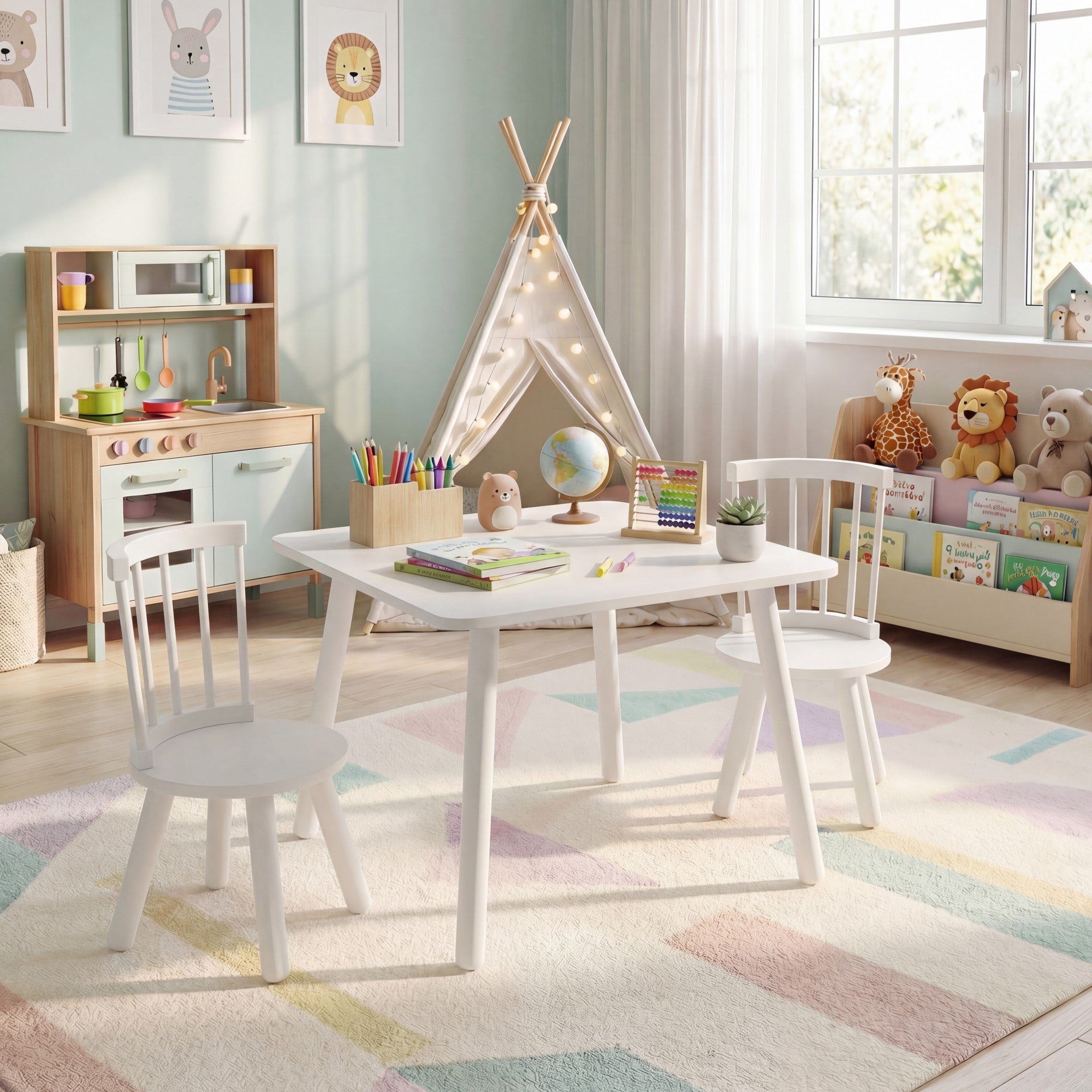ELLEGNT 3-Piece Toddler Play Furniture-Solid Pine Wood Frame, Curved Backrest, Round Seats for Kids' Room, White