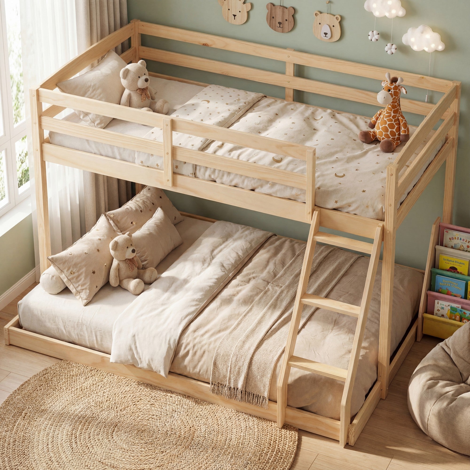 ELLEGNT Twin Over Full Bunk Bed with Inclined Ladder-Full-Length Guardrails and Slatted Support for Safety and Comfort