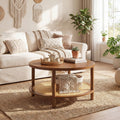 ELLEGNT 2?Tier Rattan Coffee Table-Solid Rubber Wood Legs Wood Veneered Top, Walnut