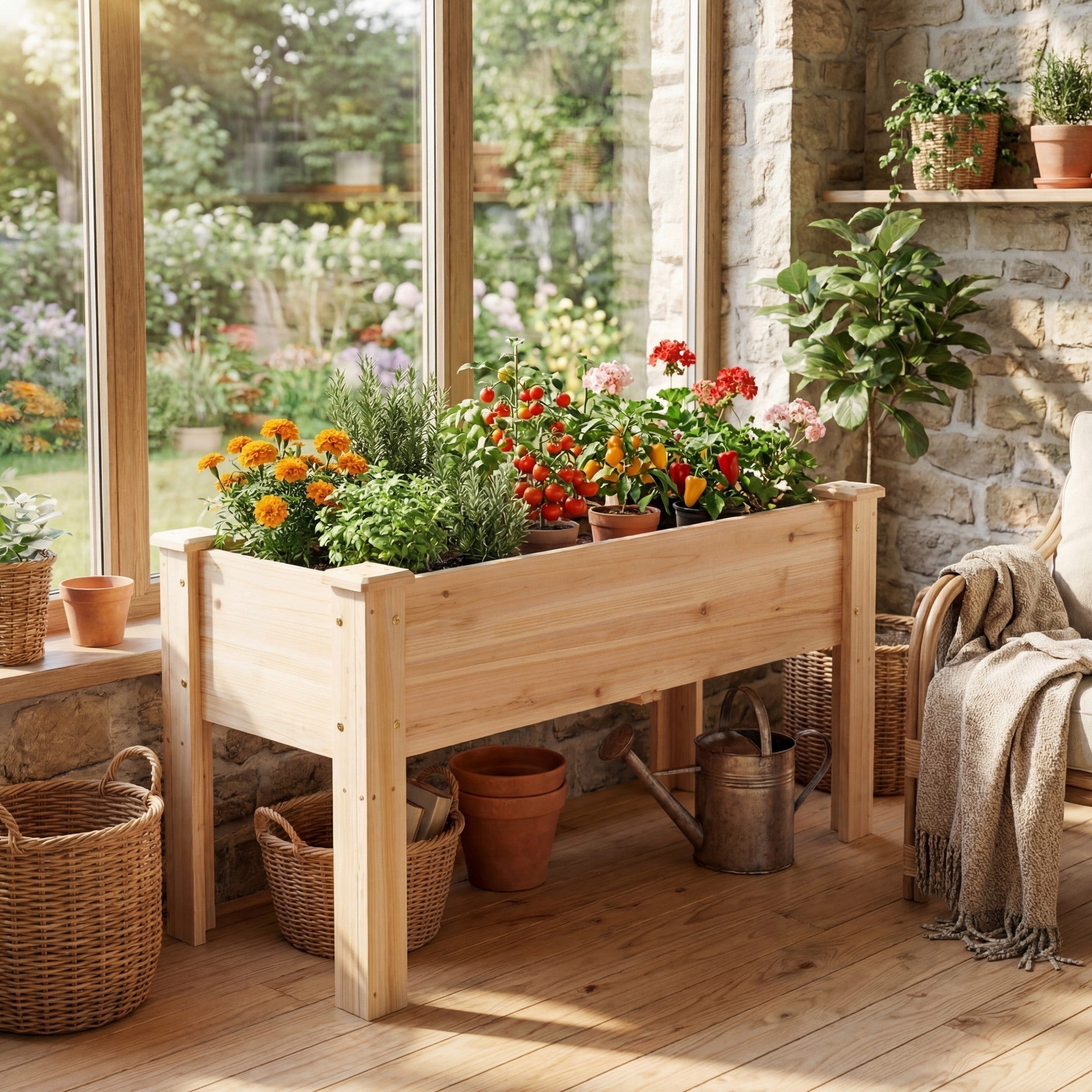 ELLEGNT 1 PCS Natural Fir Raised Garden Bed- Wooden Planter Box with Legs and Drainage Holes