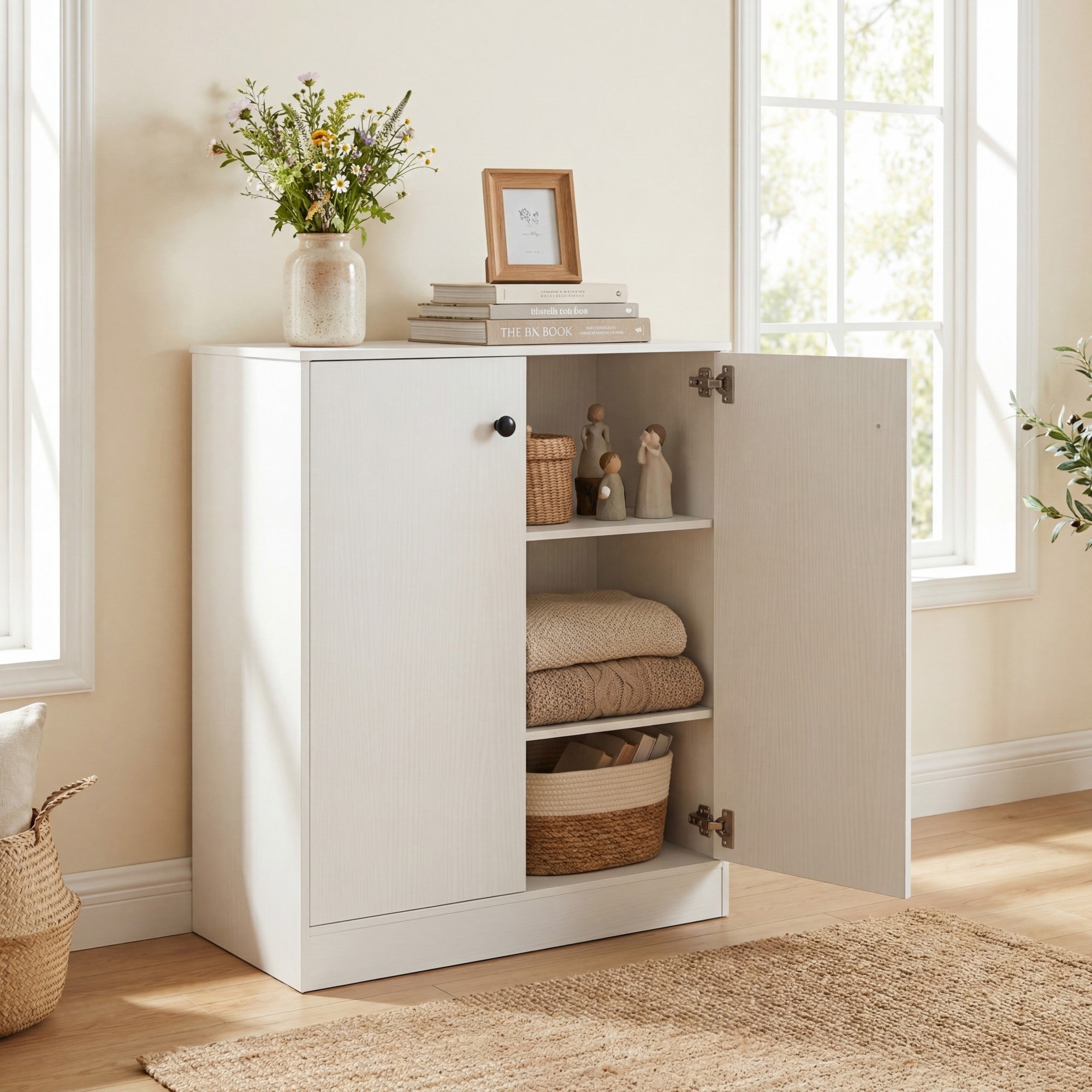 ELLEGNT Buffet Cabinet Sideboard-2?Door Storage Unit with 3 Shelves for Kitchen or Hallway, White