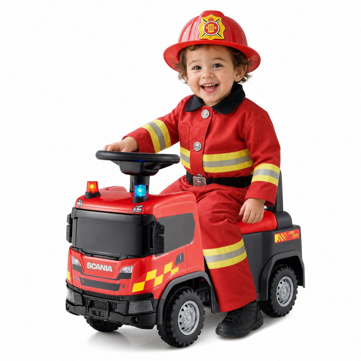 ELLEGNT Licensed Scania Kids Ride On Fire Truck Push Car with Lights Sounds Storage 18M+