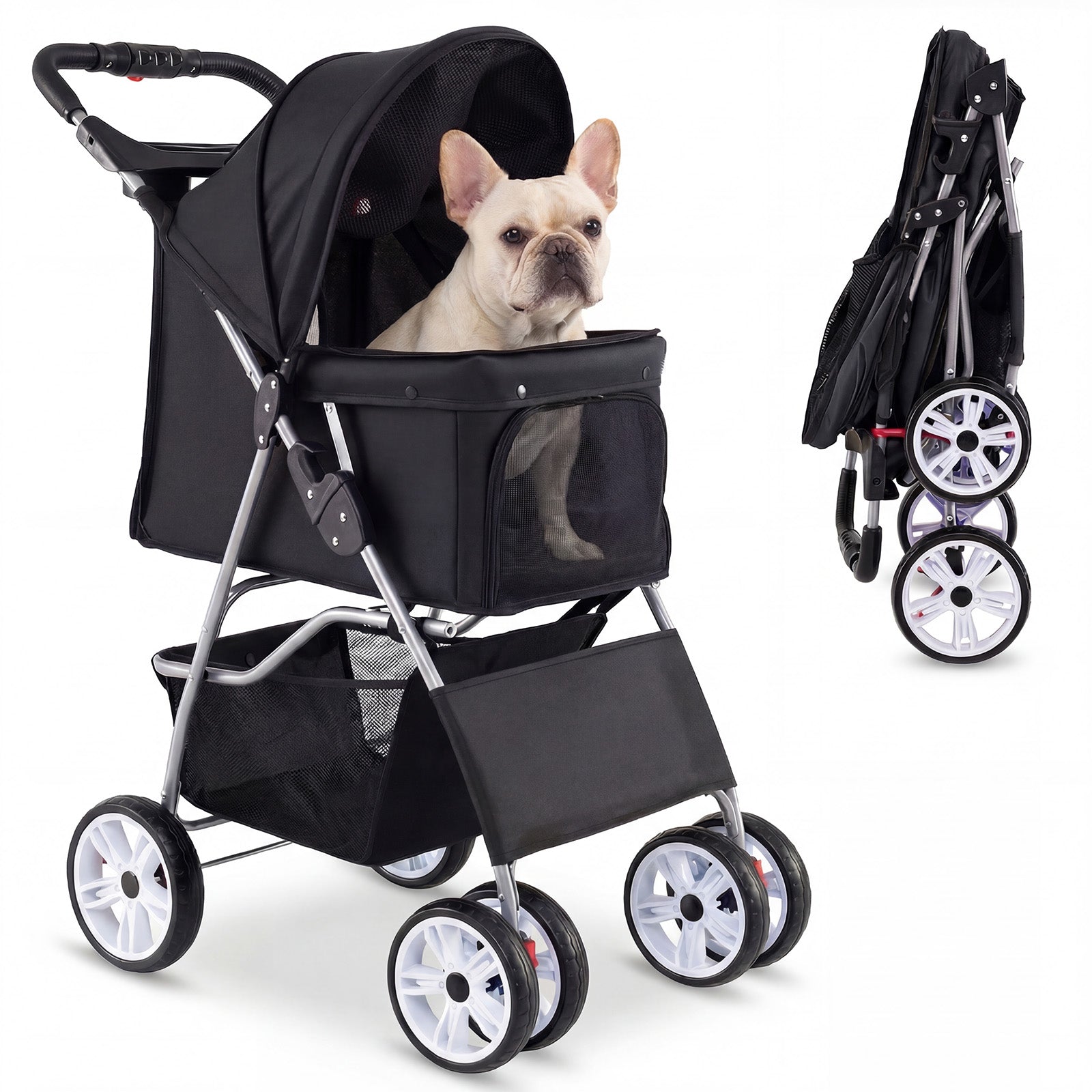 ELLEGNT 4-Wheel Foldable Pet Stroller-Breathable Mesh Dog Cat Stroller up to 33 lbs Black