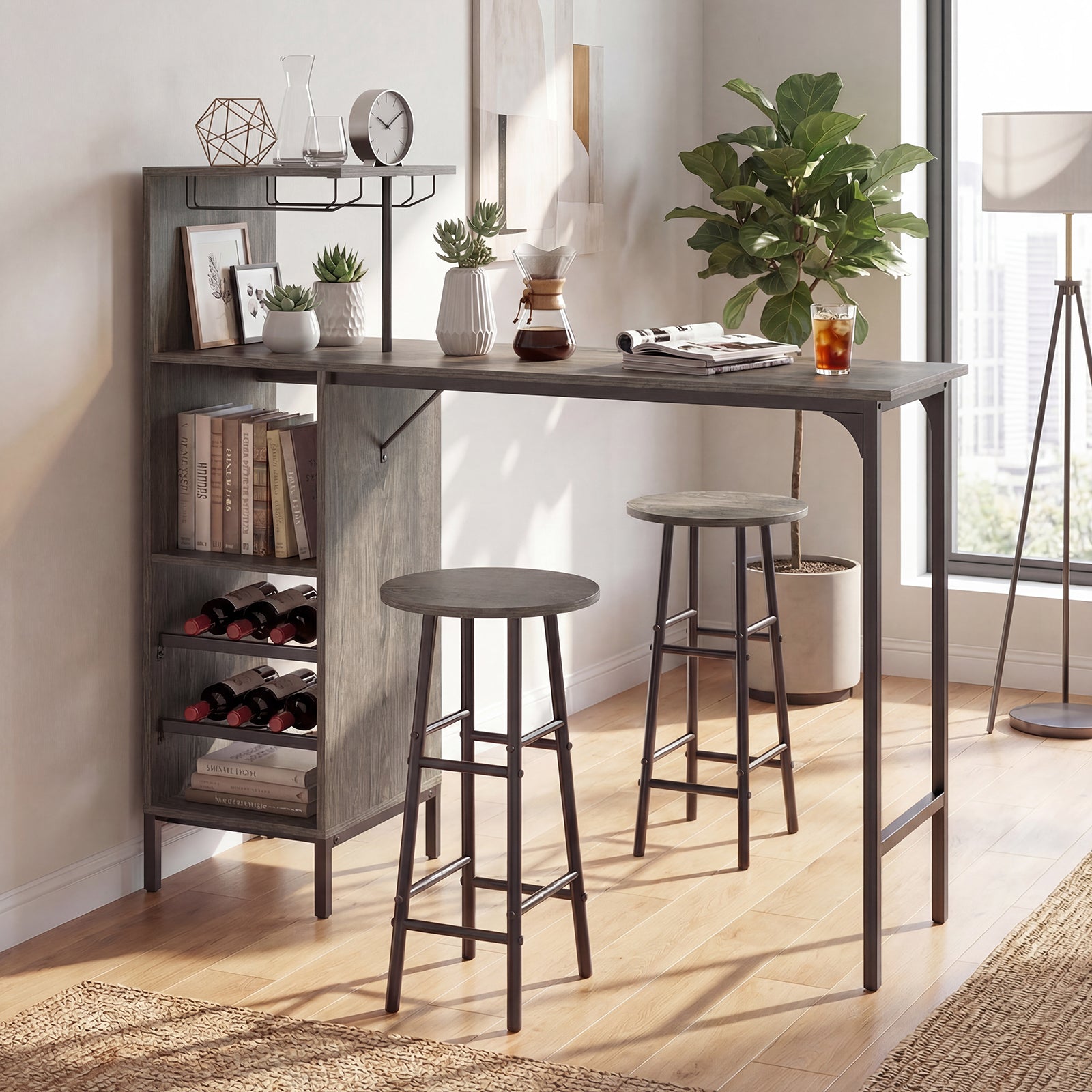 ELLEGNT 3 PCS Industrial Bar Table and Chairs Set Pub Table and Stools, Includes Bottle Wine Rack, Oak