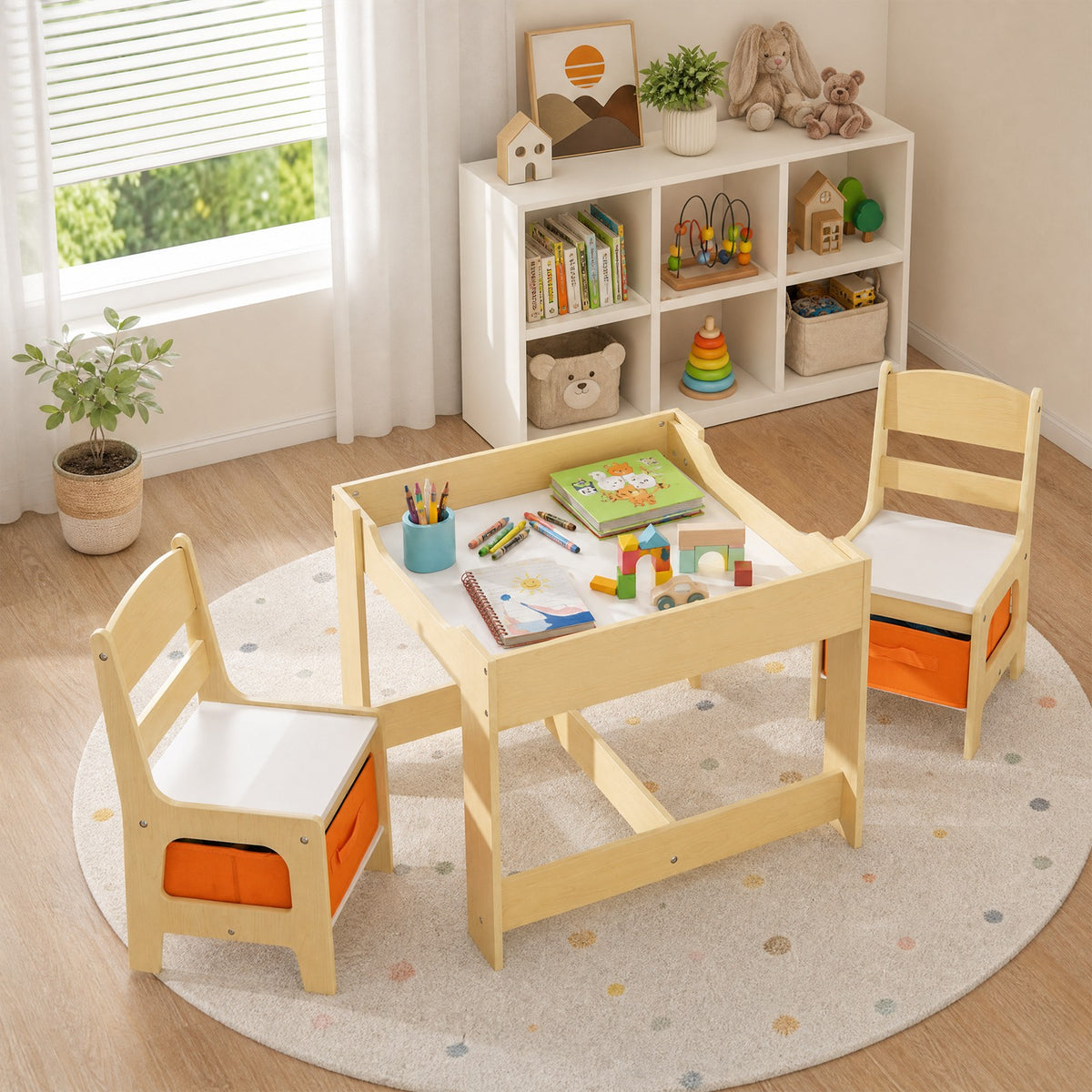 ELLEGNT Kids Table and 2 Chairs Set, 3 in 1 Activity Table, Reversible Top, 2 Drawers, Nature