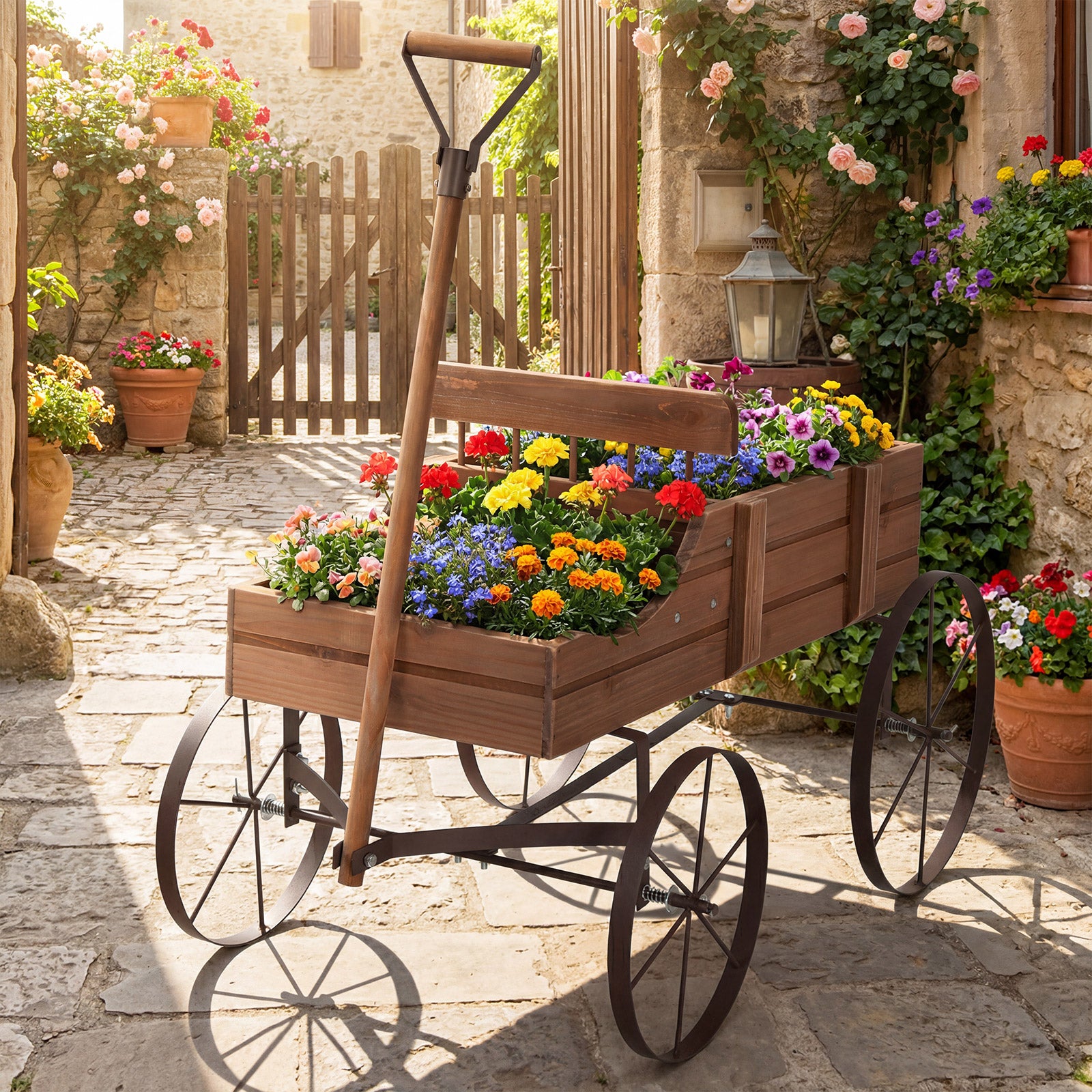 ELLEGNT Wooden Garden Wagon Planter-with Wheels, for Yard, Patio, and Outdoor Decoration, Brown