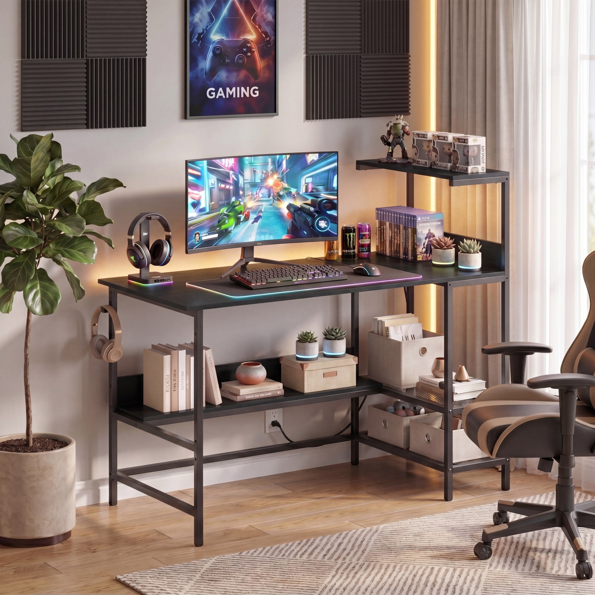 ELLEGNT Gaming Computer Desk with Headphone Hook and Power Outlets-48 in, Storage Shelves Included, Black