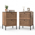 ELLEGNT 2 PCS Rustic Oak Nightstand with 2 Woven Drawers-Metal Legs Bedside End Table for Bedroom