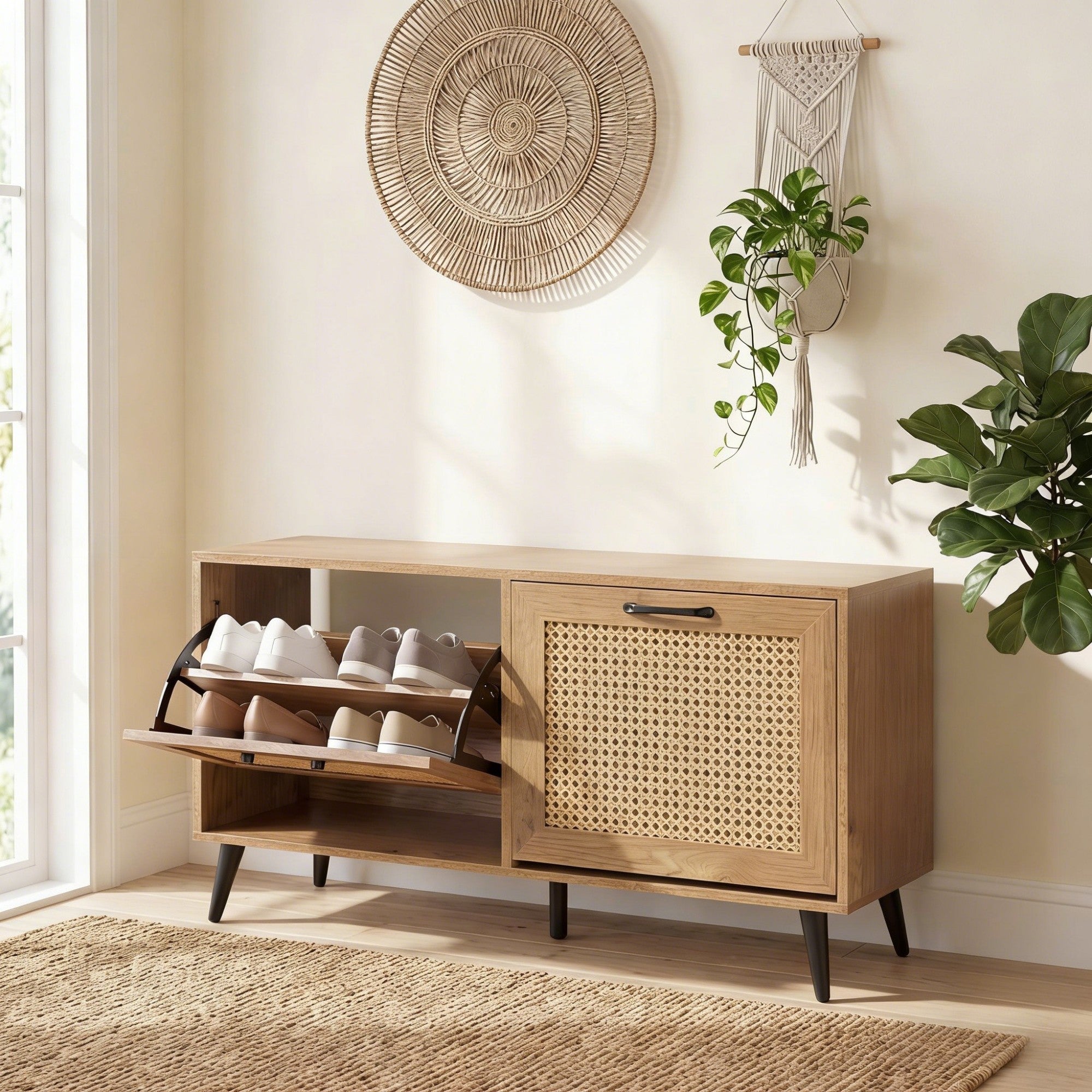 ELLEGNT Rattan Shoe Storage Cabinet with Adjustable Shelves-2 Flip Drawers, Solid Metal Legs, for Hallway or Closet Natural