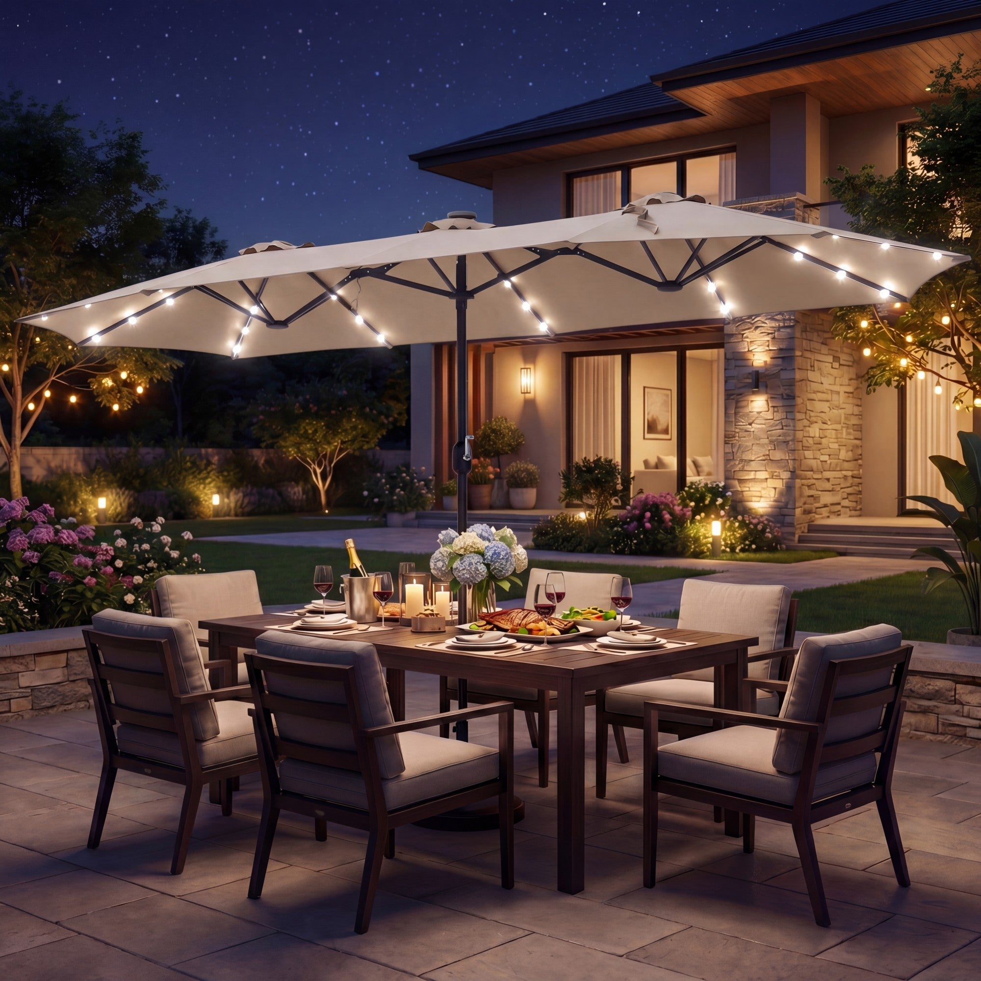 ELLEGNT 13FT Double?Sided Solar Patio Umbrella-Crank Handle and Umbrella Base Included, Tan